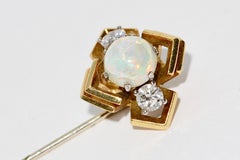 Pretty Gold Pin with Opal and Two Diamond Solitaires