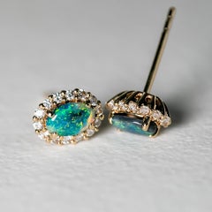 Pretty Green Colored Black Opal & Halo Diamond Stud Earrings 14k Yellow Gold