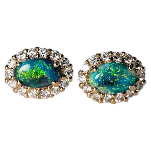 Hübsche grün gefärbte schwarze Opal & Halo Diamant Ohrstecker 14k Gelbgold