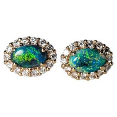 Pretty Green Colored Black Opal & Halo Diamond Stud Earrings 14k Yellow Gold