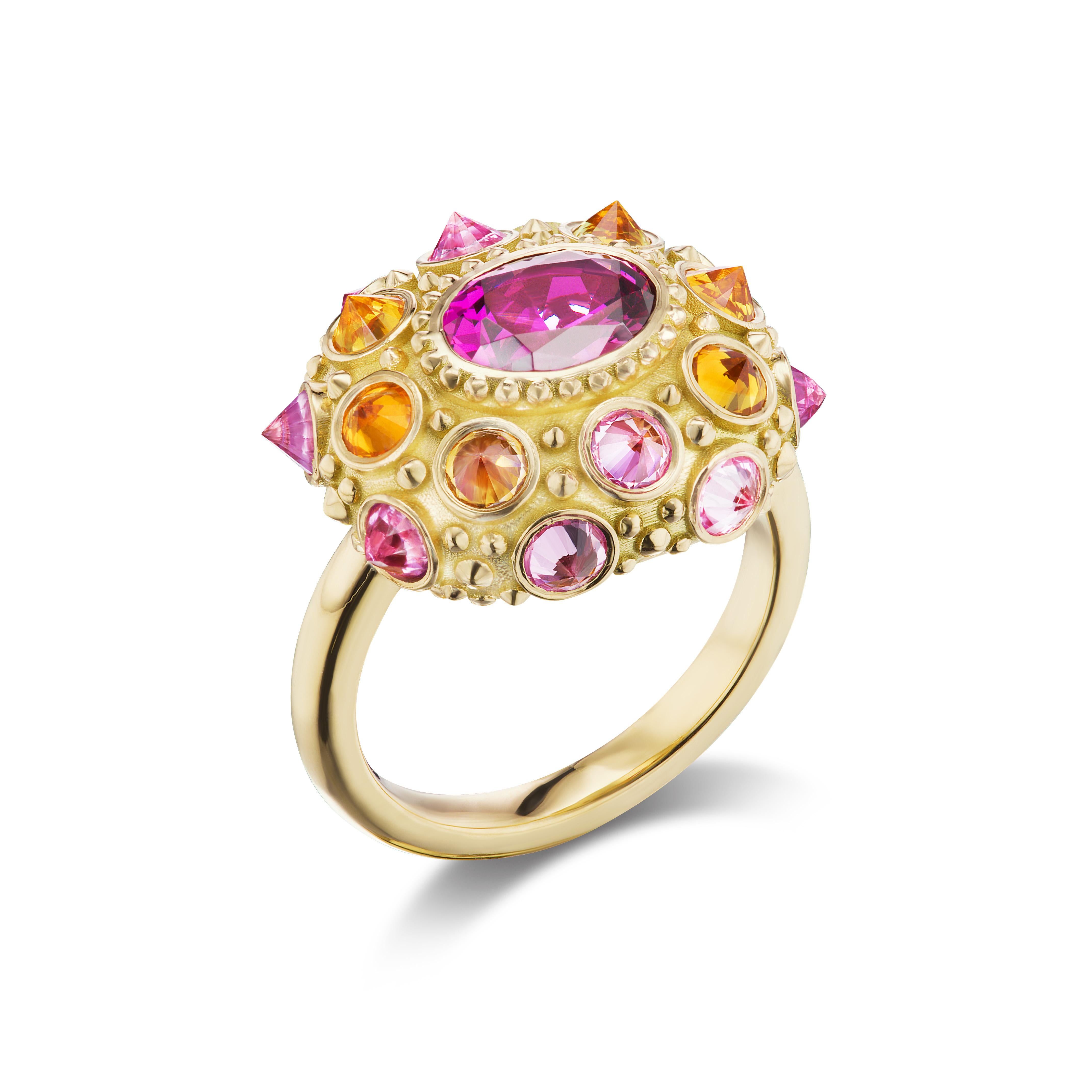 18k Yellow Gold, 1.43 Rhodalite Garnets, 1.50ct Pink Sapphires, and .90CT Orange Sapphires

Design Inspiration

AnaKatarina's 'Pretty in Pink' ring reminds her of effervescent joy. Her favorite color combination is fuschia, orange, and red. The