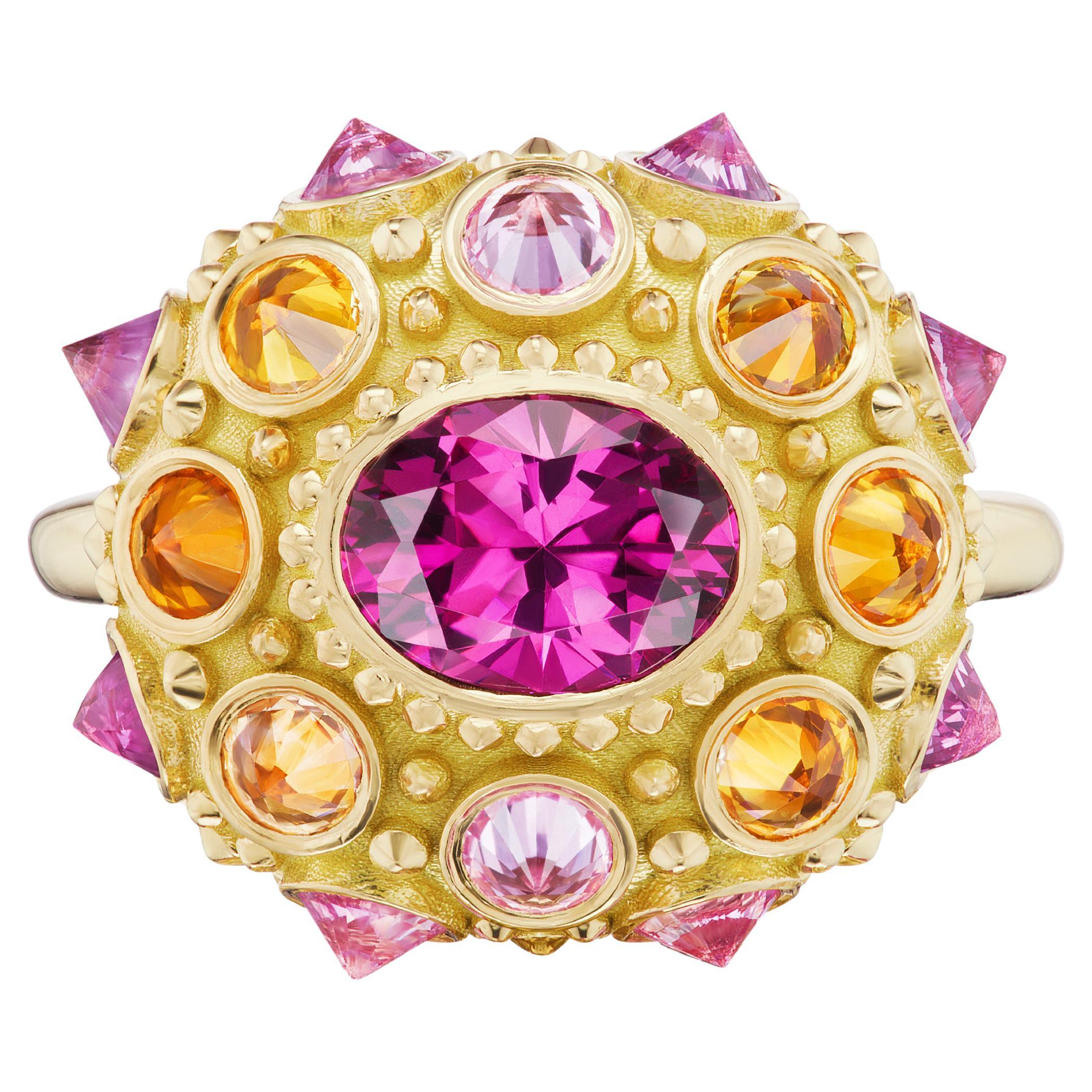 AnaKatarina Gold, Garnet, and Pink and Orange Sapphire 'Pretty in Pink' Ring For Sale