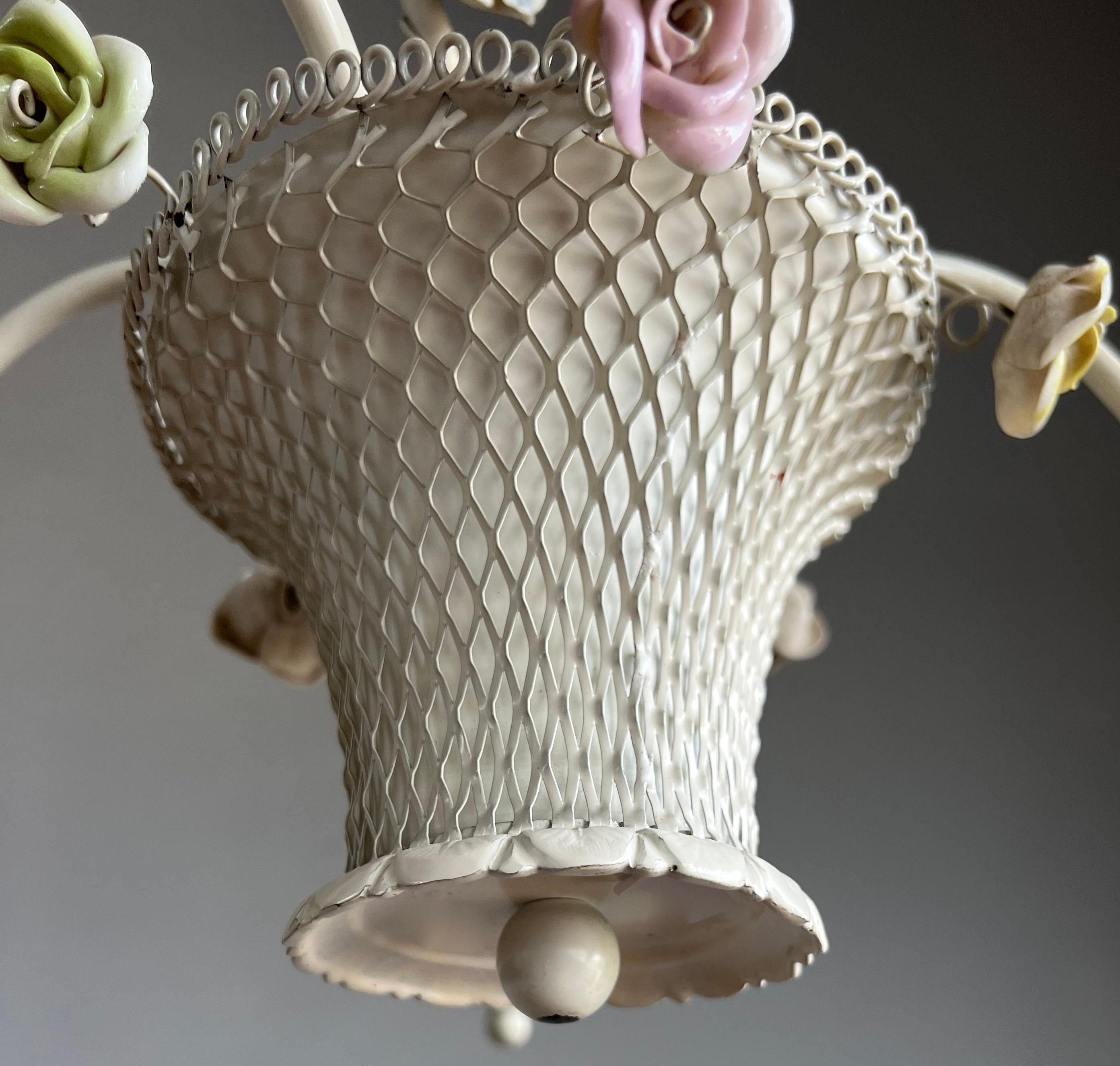Pretty Italian Toleware Chandelier w Porcelain Flowers 5 Light Pendant / Fixture 4