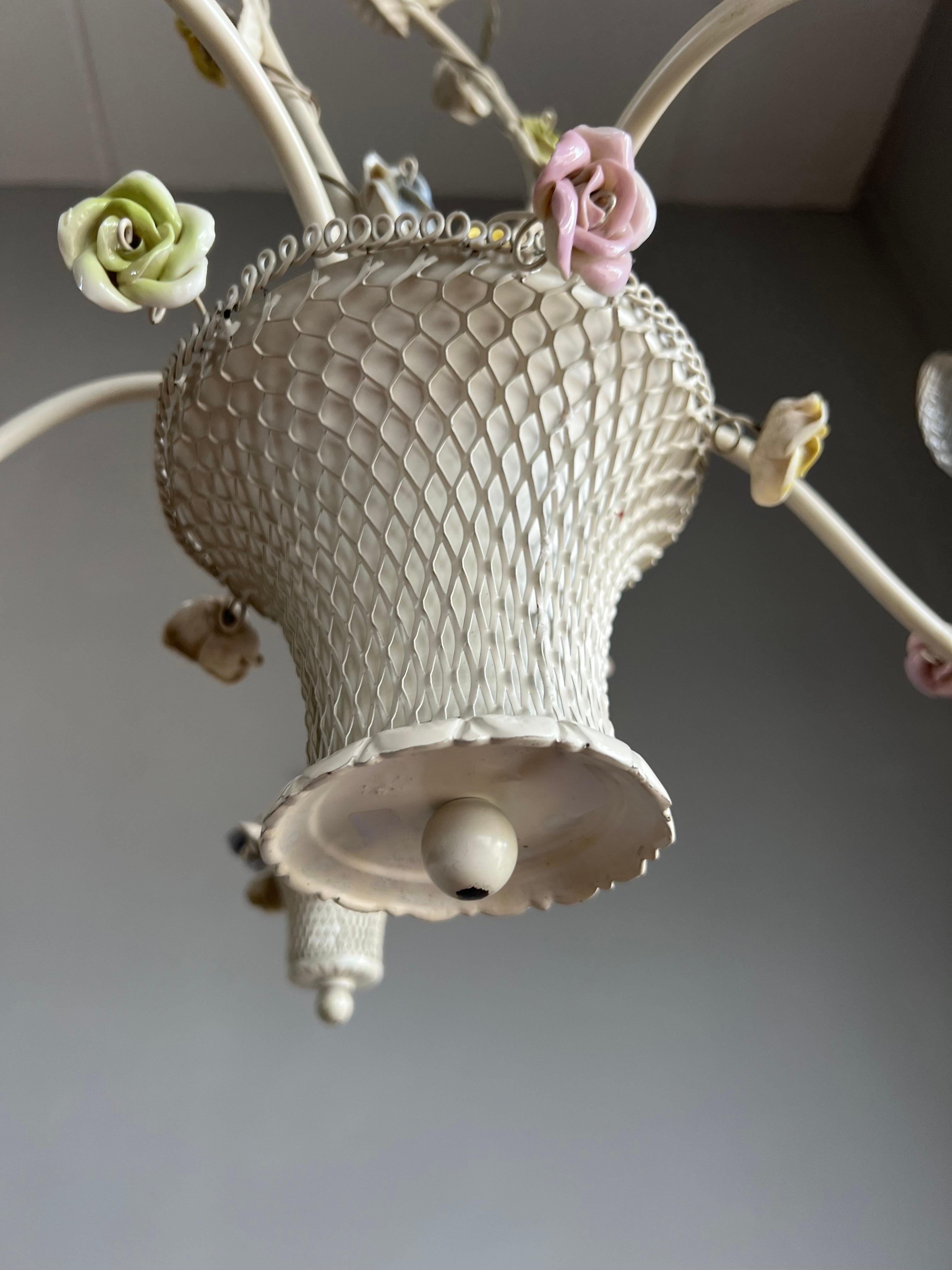 Pretty Italian Toleware Chandelier w Porcelain Flowers 5 Light Pendant / Fixture 5