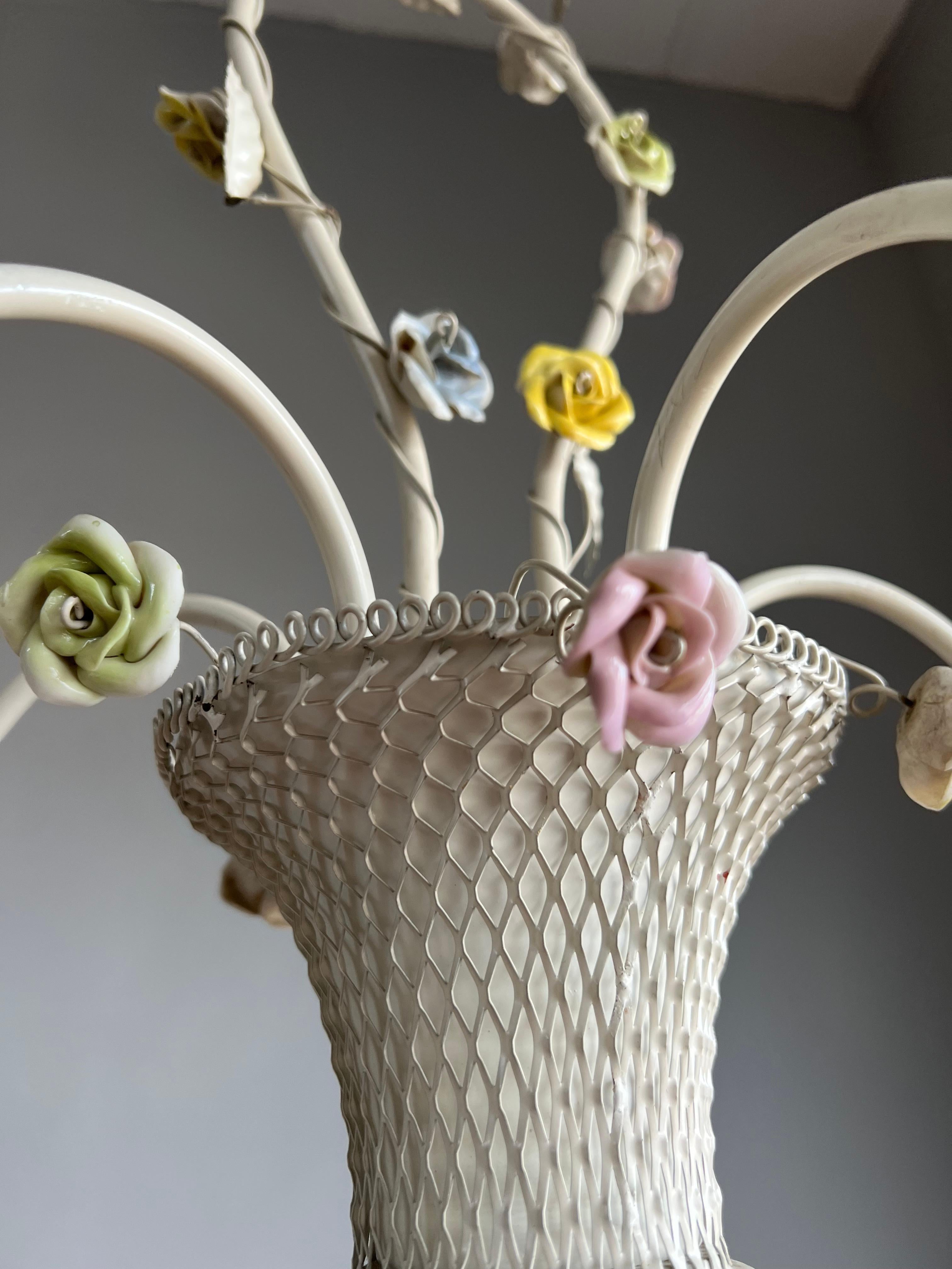 Pretty Italian Toleware Chandelier w Porcelain Flowers 5 Light Pendant / Fixture 6