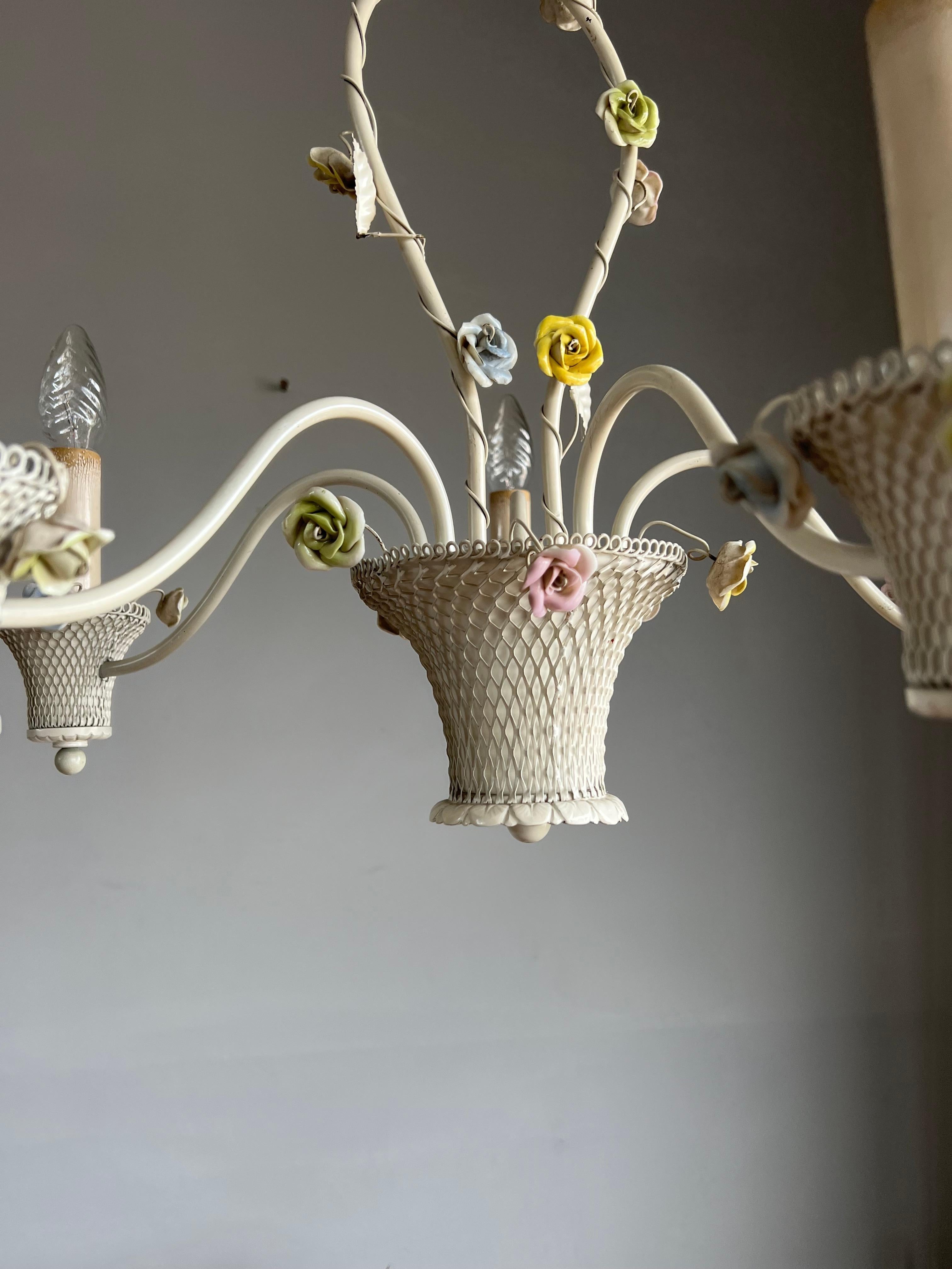 Pretty Italian Toleware Chandelier w Porcelain Flowers 5 Light Pendant / Fixture 7