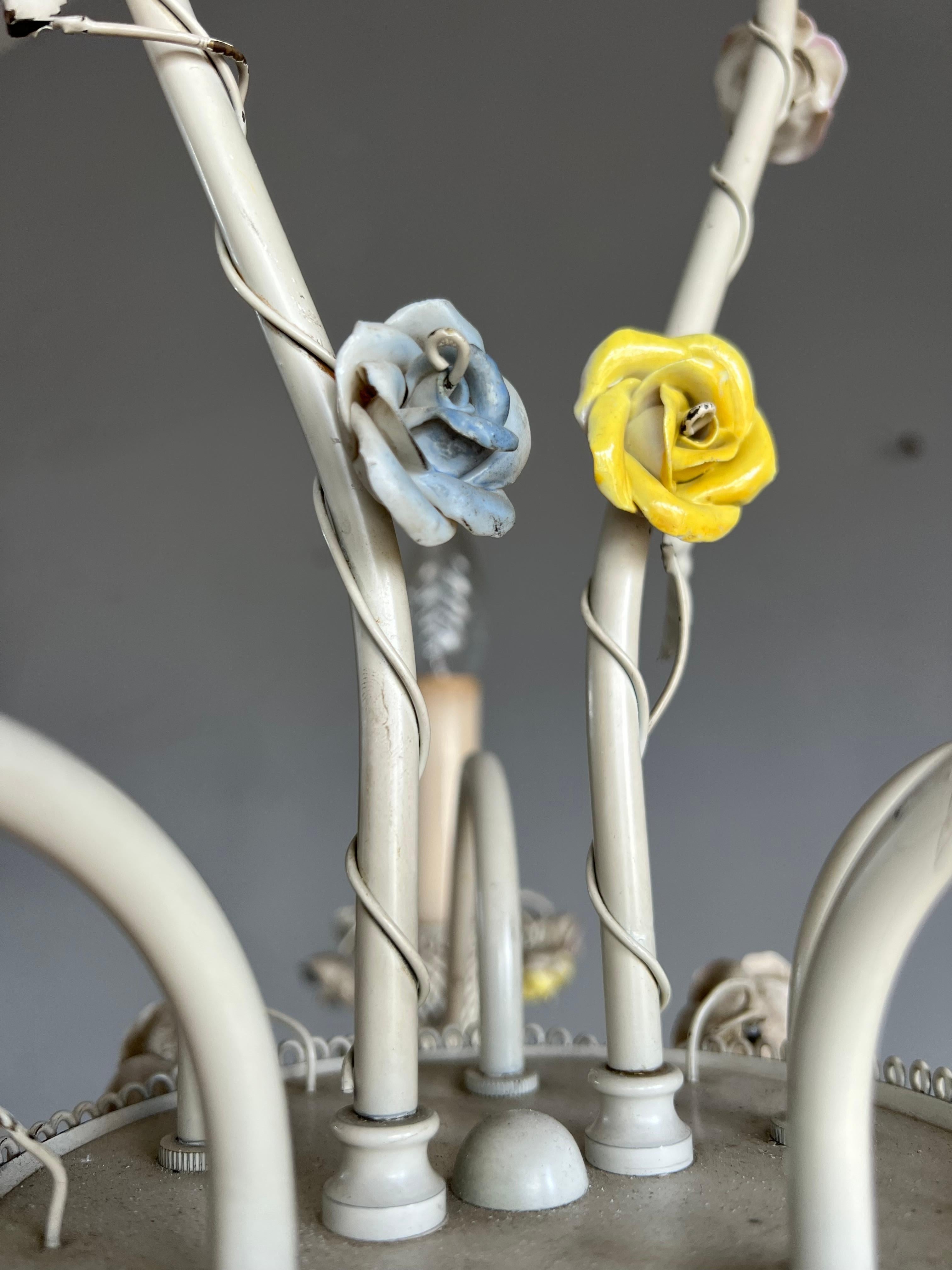 Pretty Italian Toleware Chandelier w Porcelain Flowers 5 Light Pendant / Fixture 8