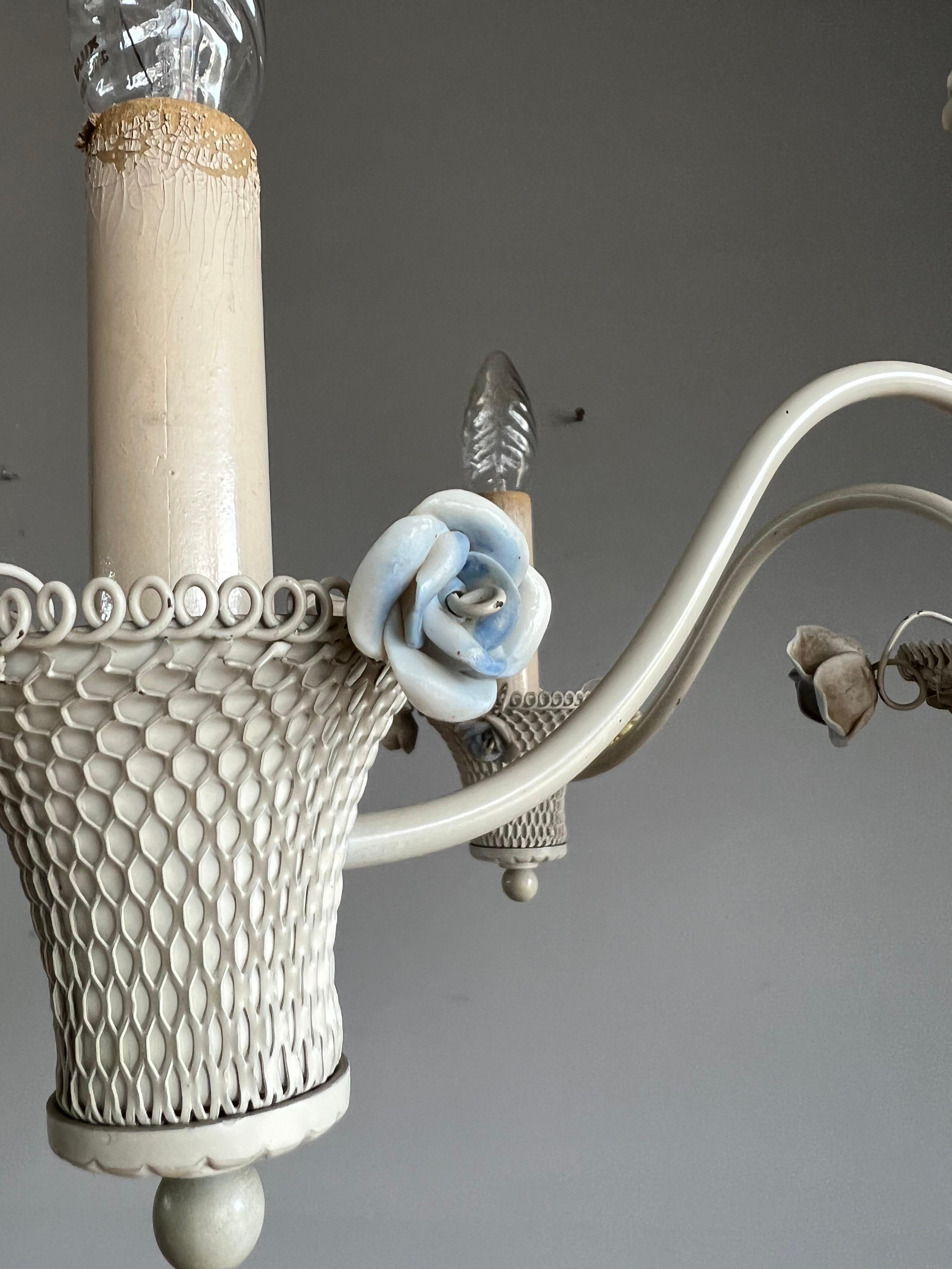 Pretty Italian Toleware Chandelier w Porcelain Flowers 5 Light Pendant / Fixture 9