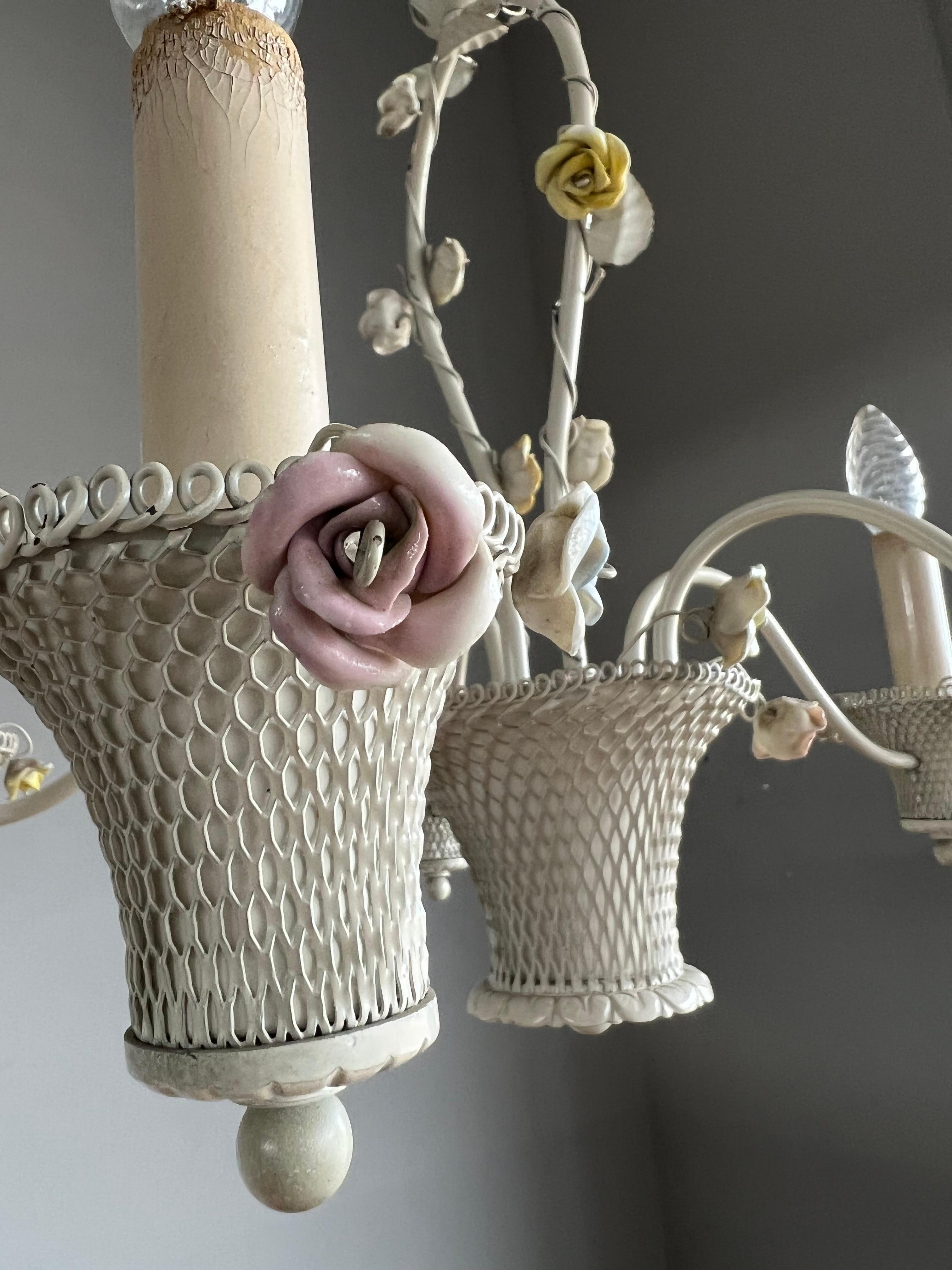Pretty Italian Toleware Chandelier w Porcelain Flowers 5 Light Pendant / Fixture 10