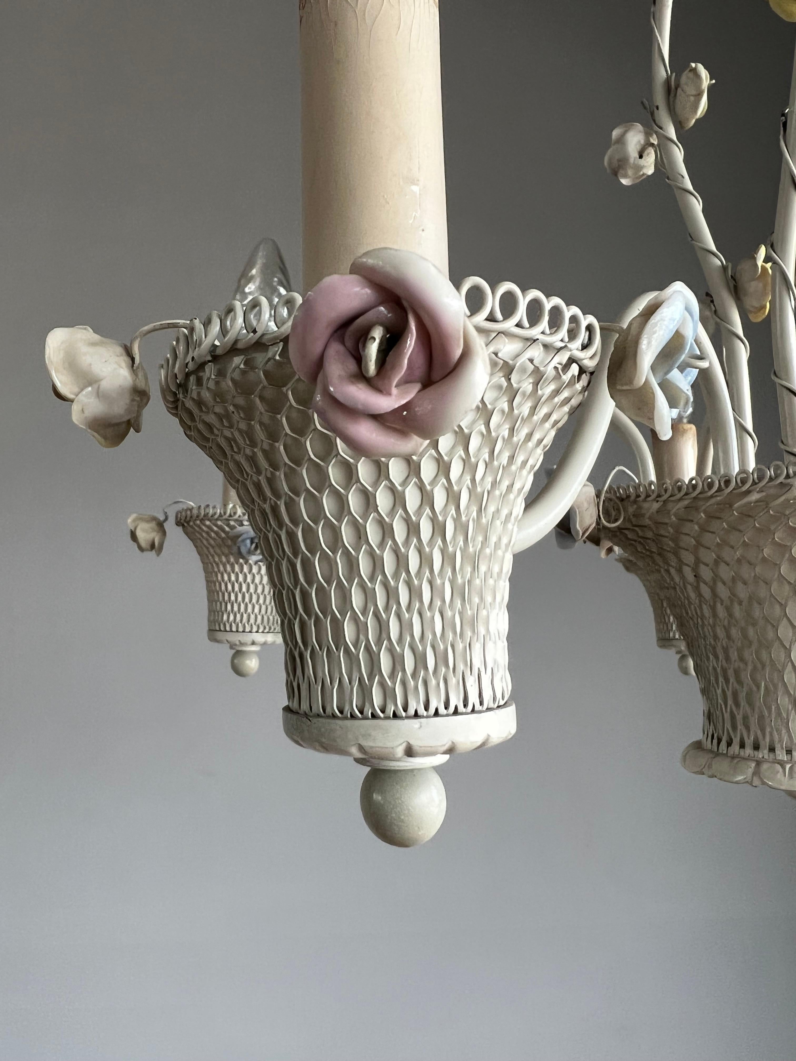 Pretty Italian Toleware Chandelier w Porcelain Flowers 5 Light Pendant / Fixture 11