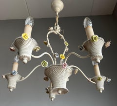 Pretty Italian Toleware Chandelier w Porcelain Flowers 5 Light Pendant / Fixture