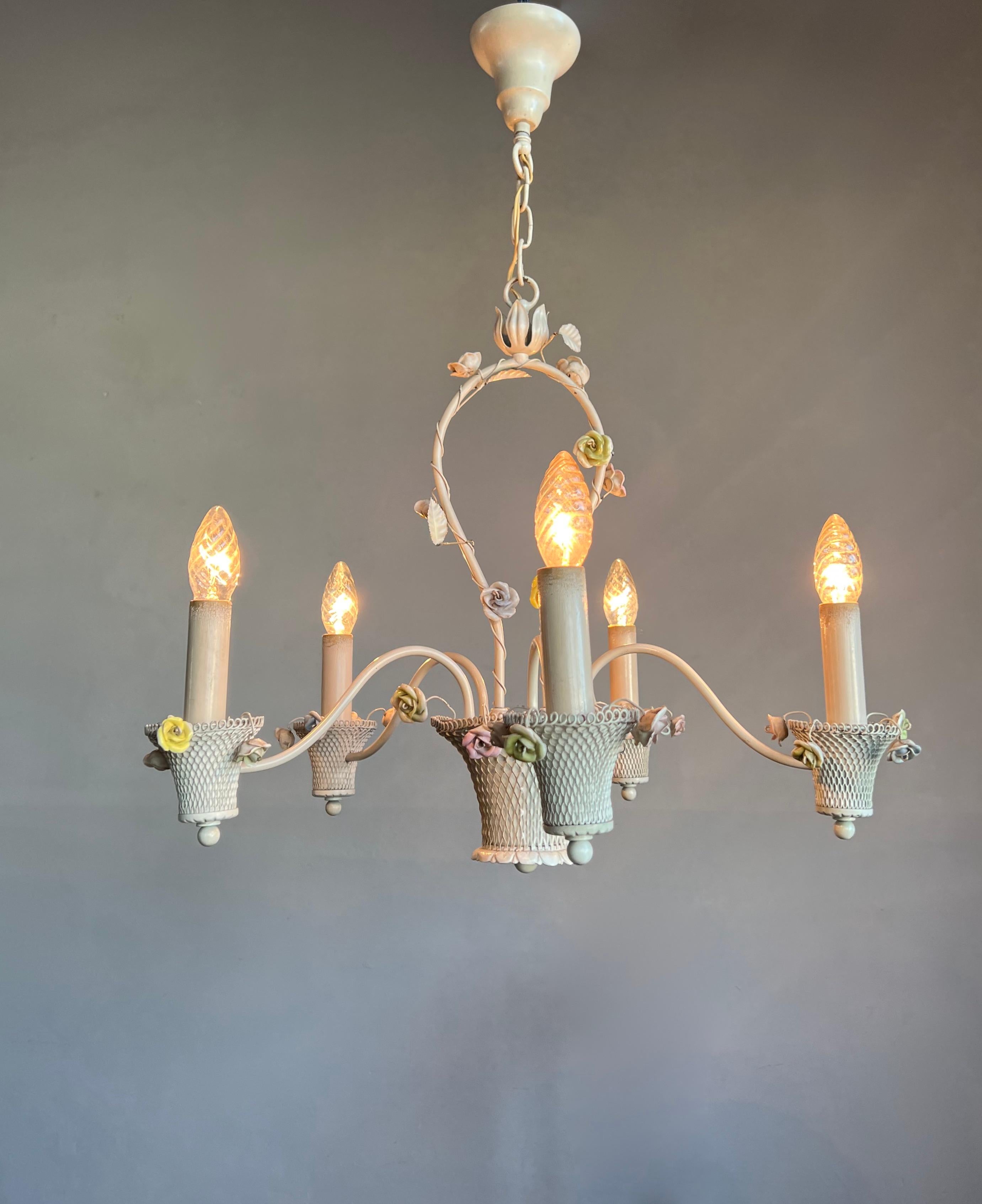 20th Century Pretty Italian Toleware Chandelier w Porcelain Flowers 5 Light Pendant / Fixture