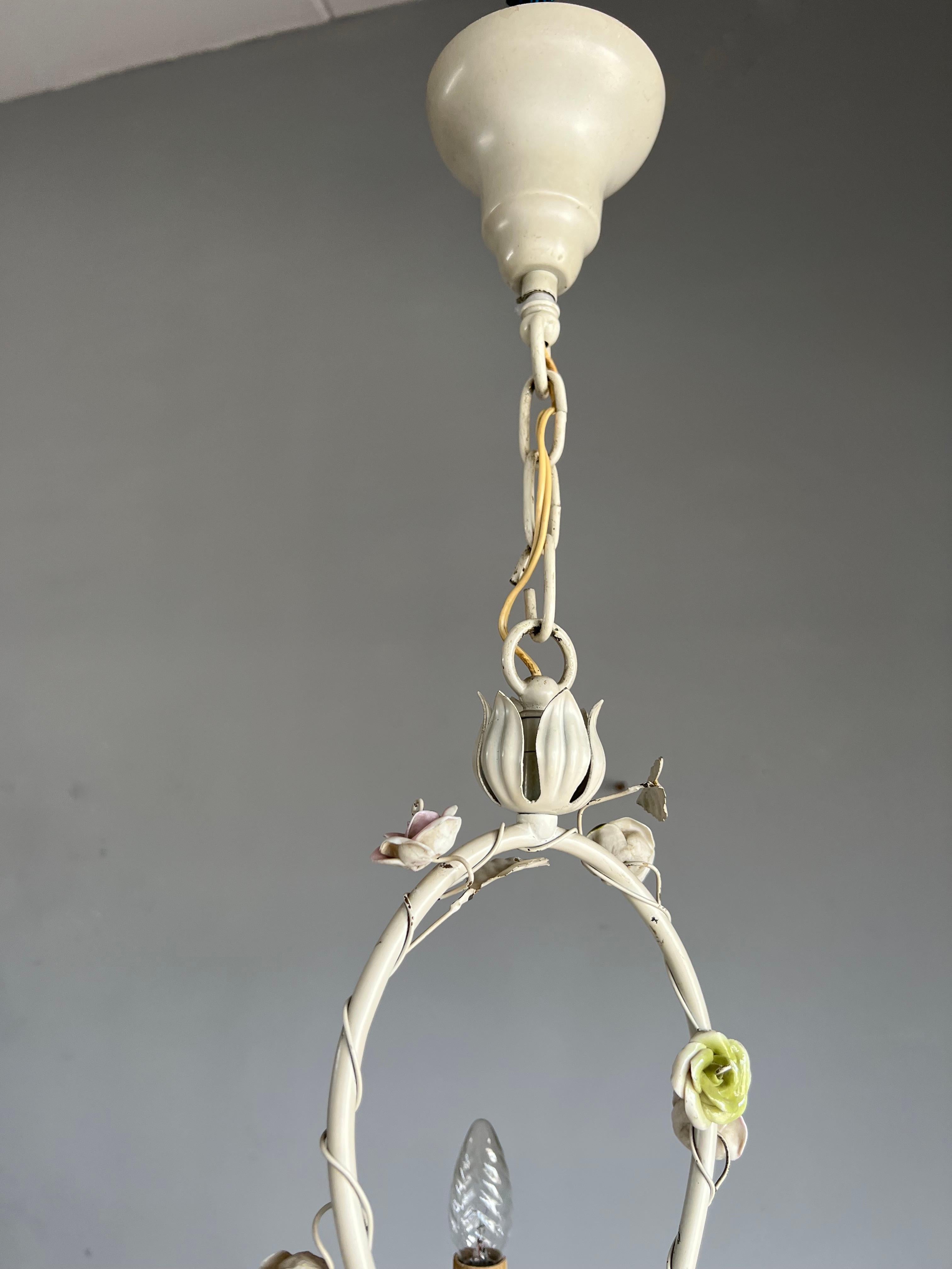 Metal Pretty Italian Toleware Chandelier w Porcelain Flowers 5 Light Pendant / Fixture