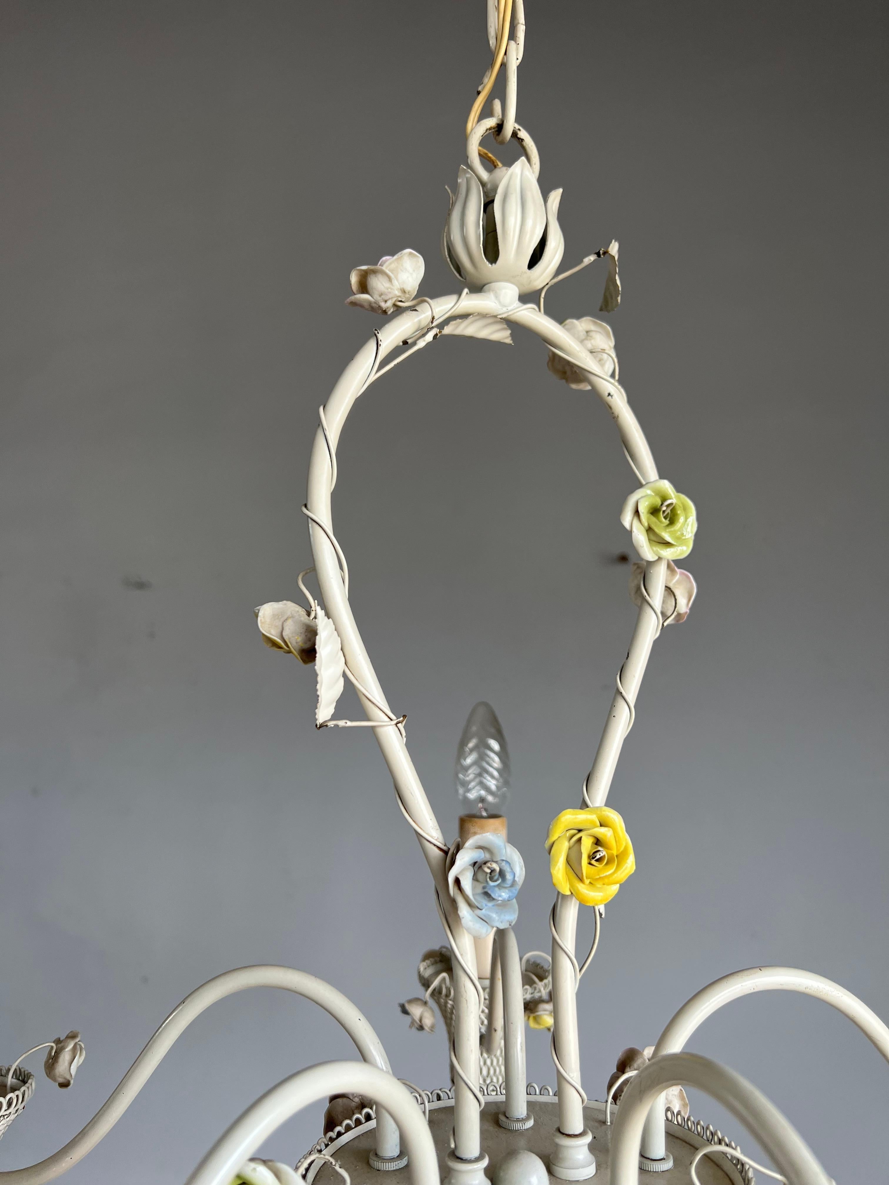 Pretty Italian Toleware Chandelier w Porcelain Flowers 5 Light Pendant / Fixture 1
