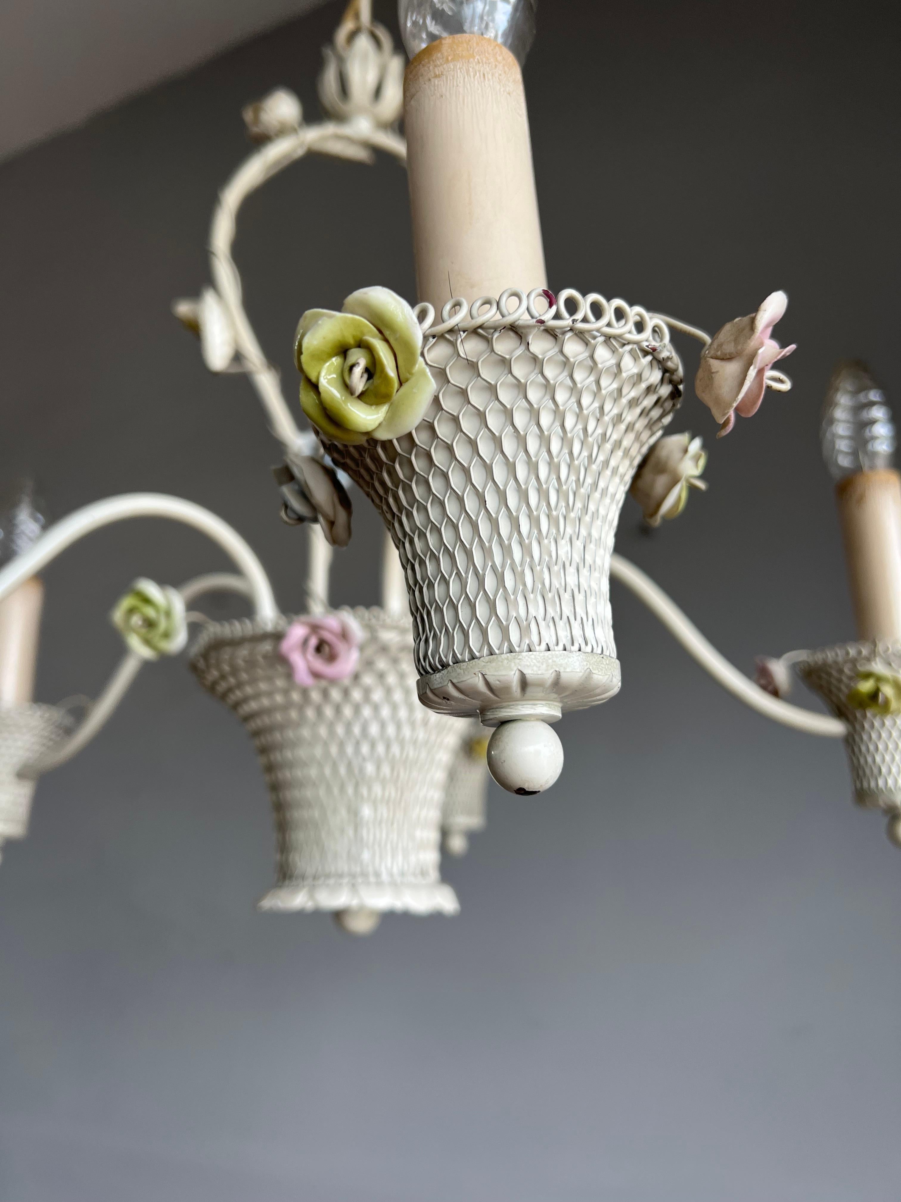 Pretty Italian Toleware Chandelier w Porcelain Flowers 5 Light Pendant / Fixture 2