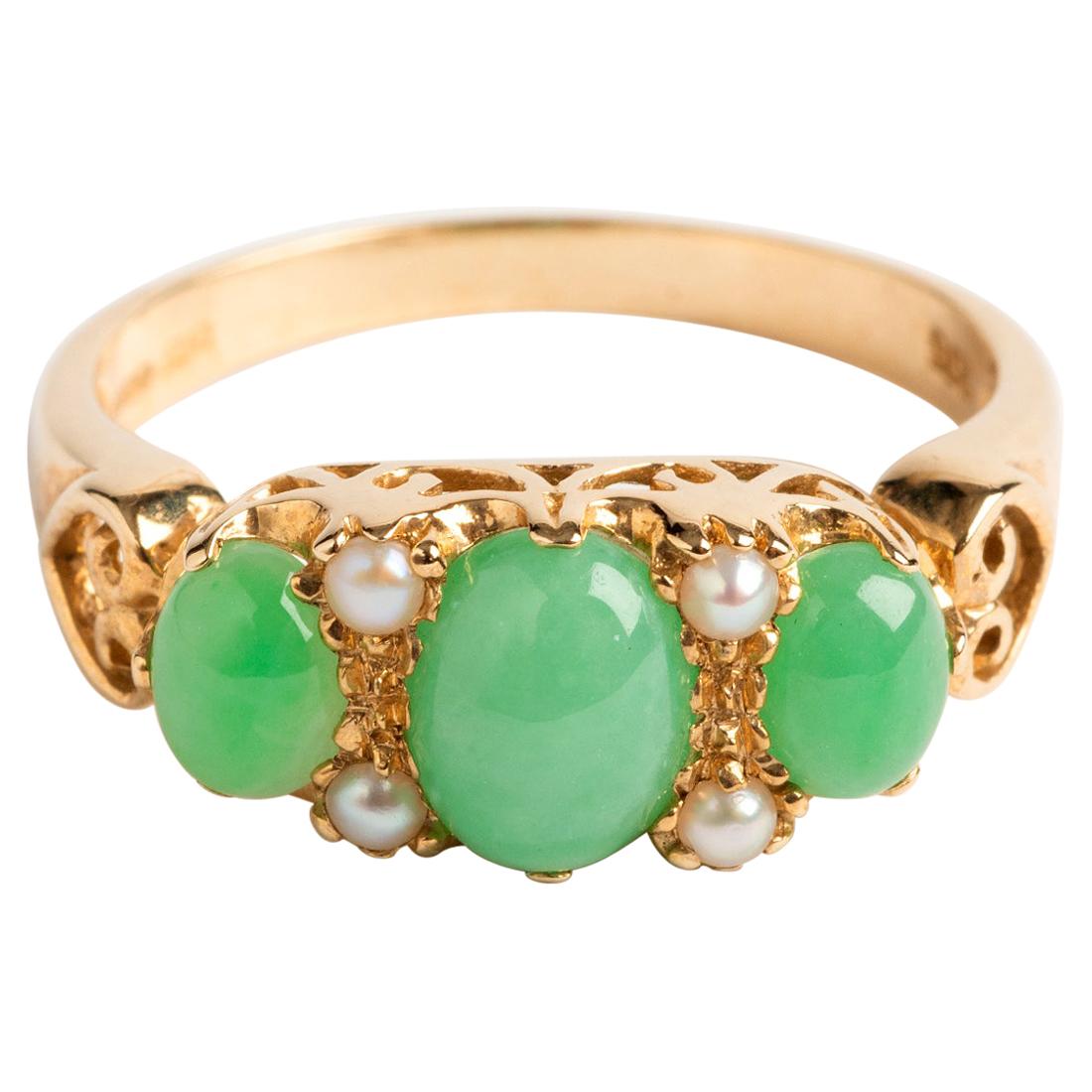Pretty Jade and Seed Pearl Dress Ring, 9 Carat Yellow Gold, Hallmarked