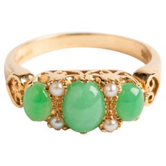 Pretty Jade & Seed Pearl Dress Ring, 9 Carat Yellow Gold, Hallmarked London 2013