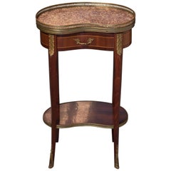 Retro Pretty Kidney Shaped Inlaid Side Table with Marble Top and Brass Gallery