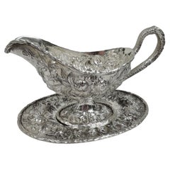 Pretty Kirk Baltimore Repousse Sterling Silver Gravy Boat on Stand