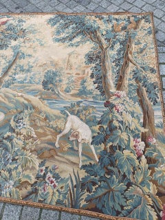 Pretty large vintage French Aubusson style Jacquard Tapestry  « dog on standby»