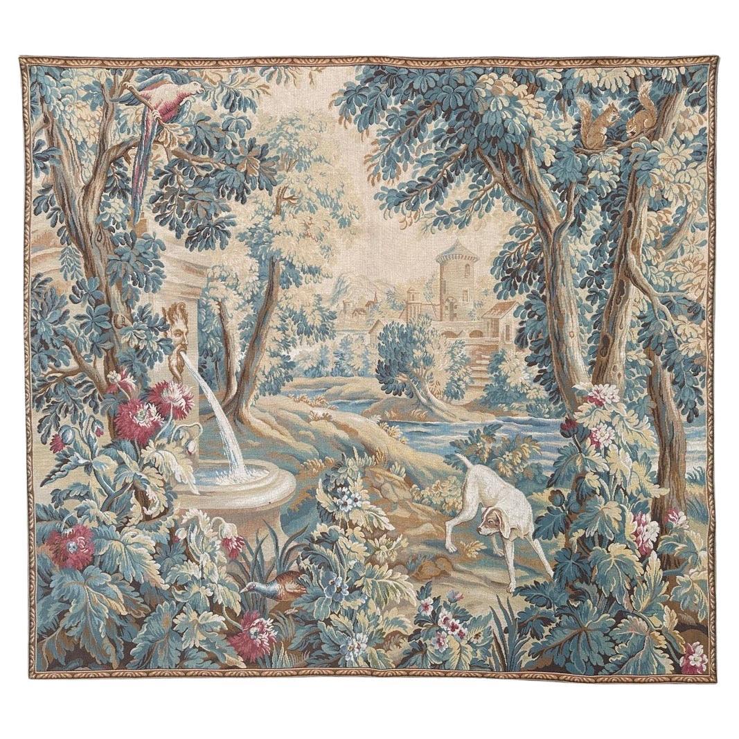 Pretty large vintage French Aubusson style Jacquard Tapestry  « dog on standby» For Sale