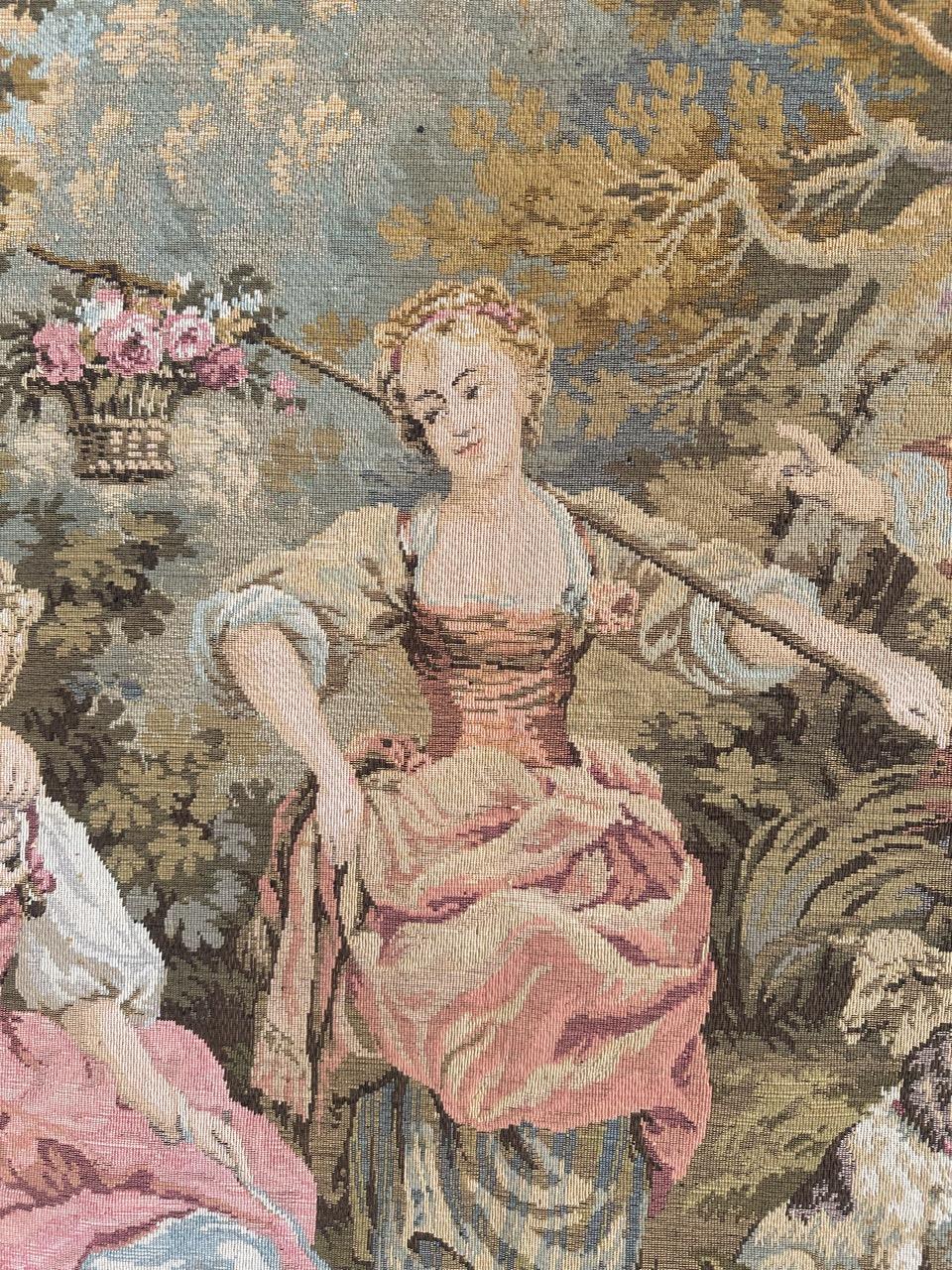 Pretty Large Vintage French Aubusson Style Jacquard Tapestry « pastoral loves » For Sale 4