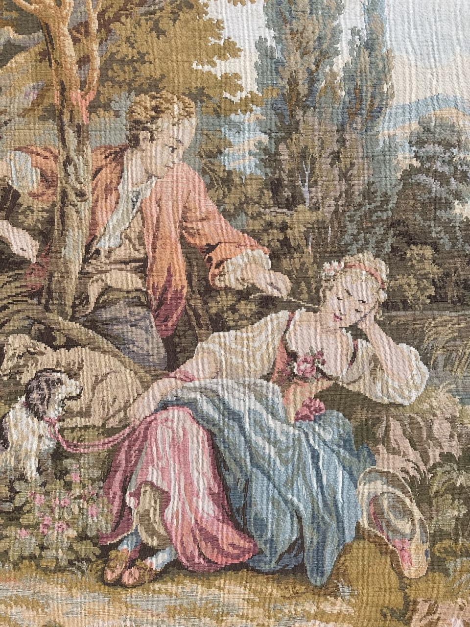Pretty Large Vintage French Aubusson Style Jacquard Tapestry « pastoral loves » For Sale 5