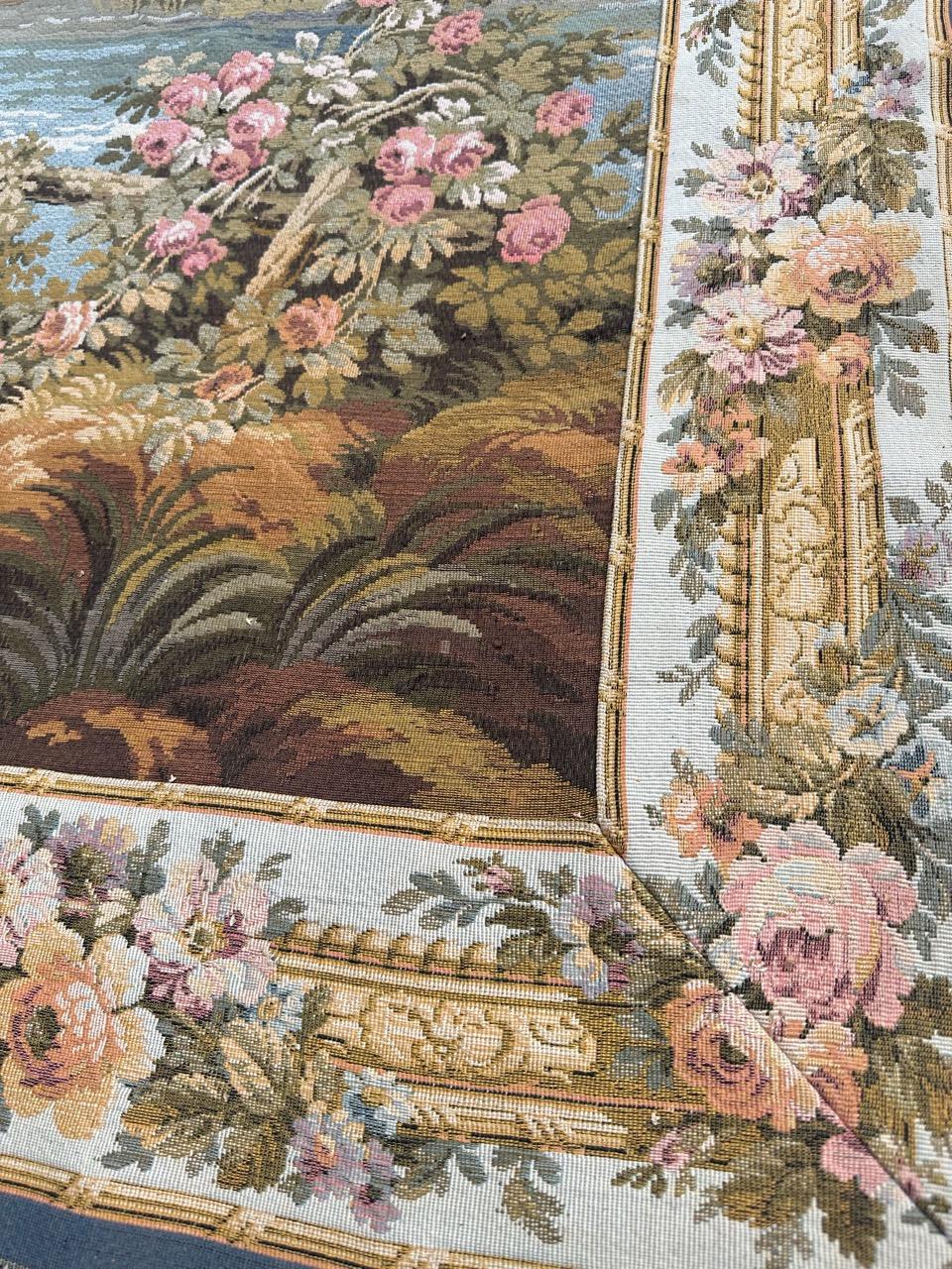 Pretty Large Vintage French Aubusson Style Jacquard Tapestry « pastoral loves » For Sale 8