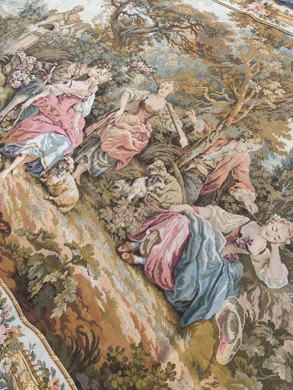 Pretty Large Vintage French Aubusson Style Jacquard Tapestry « pastoral loves » For Sale 10