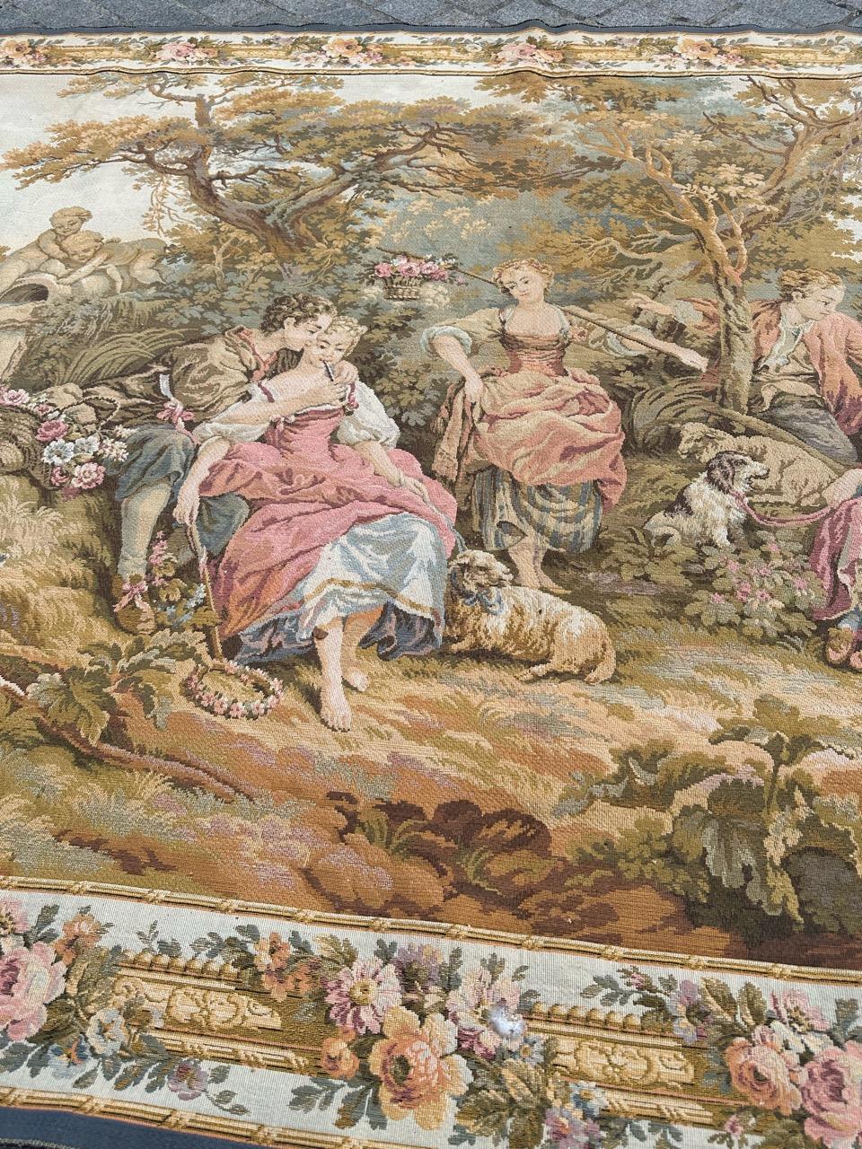 Pretty Large Vintage French Aubusson Style Jacquard Tapestry « pastoral loves » For Sale 11