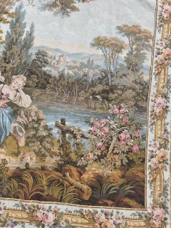 Pretty Large Vintage French Aubusson Style Jacquard Tapestry « pastoral loves »