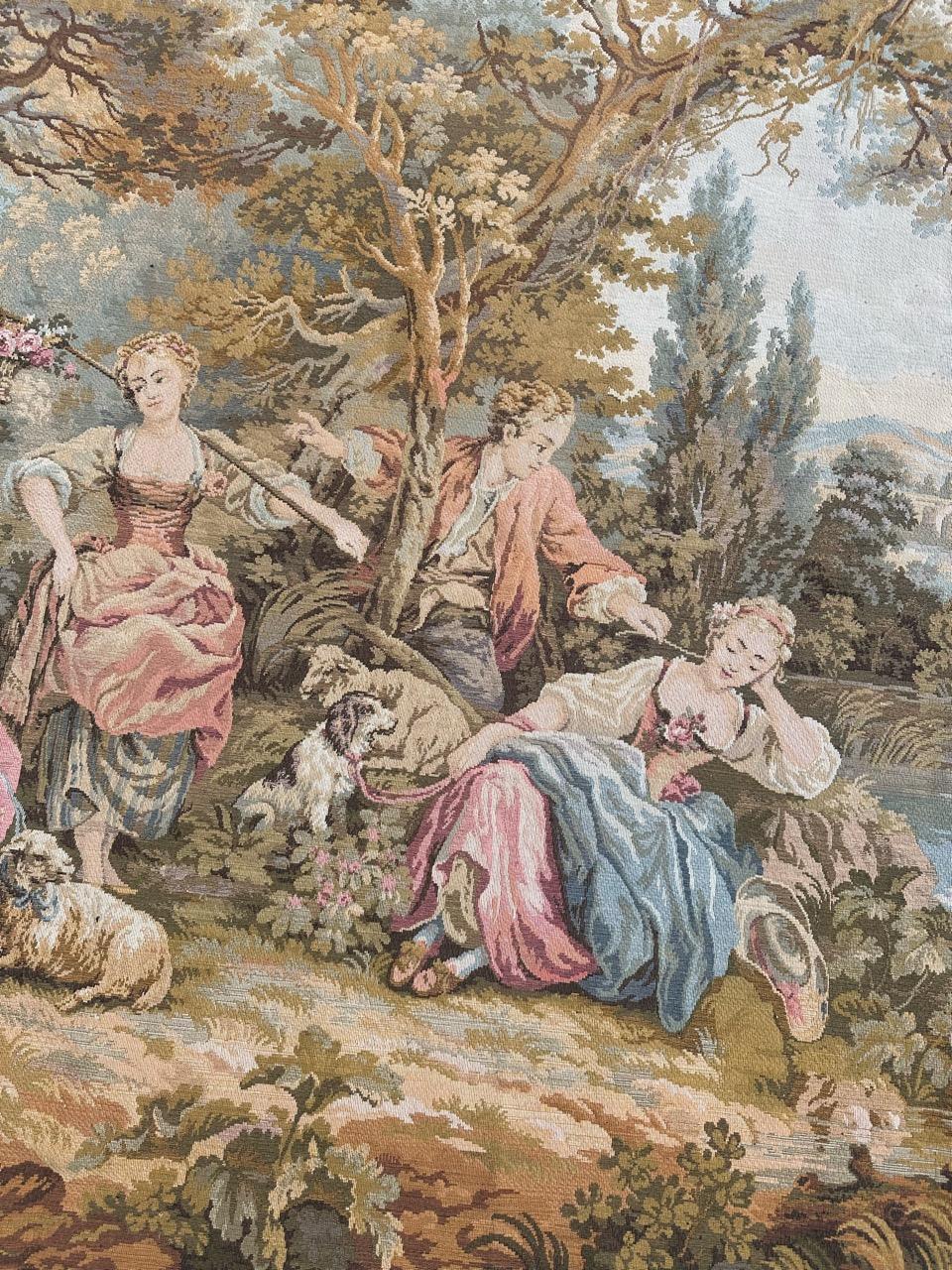 Machine-Made Pretty Large Vintage French Aubusson Style Jacquard Tapestry « pastoral loves » For Sale