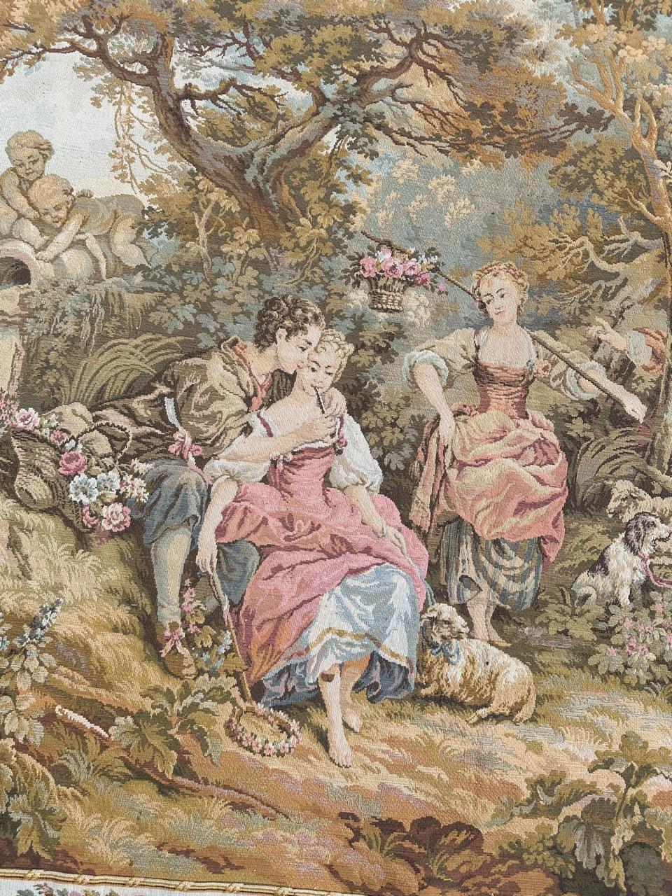 Pretty Large Vintage French Aubusson Style Jacquard Tapestry « pastoral loves » In Good Condition For Sale In Saint Ouen, FR