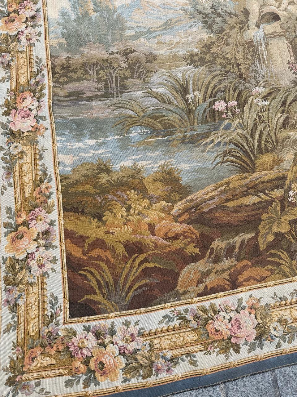 Wool Pretty Large Vintage French Aubusson Style Jacquard Tapestry « pastoral loves » For Sale