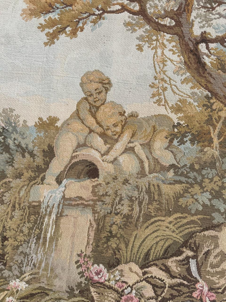 Pretty Large Vintage French Aubusson Style Jacquard Tapestry « pastoral loves » For Sale 2
