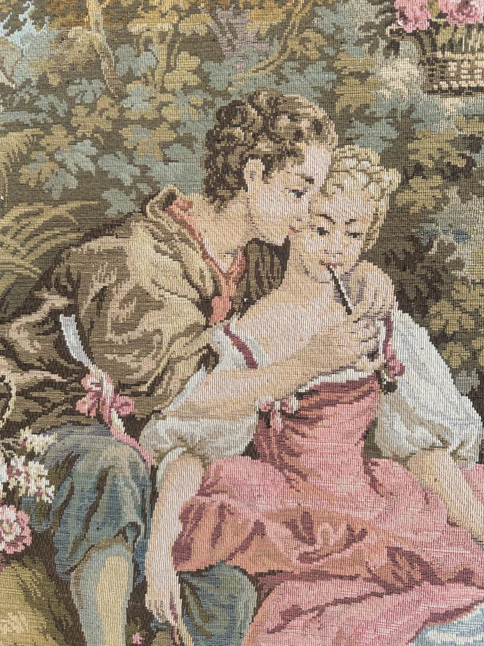 Pretty Large Vintage French Aubusson Style Jacquard Tapestry « pastoral loves » For Sale 3