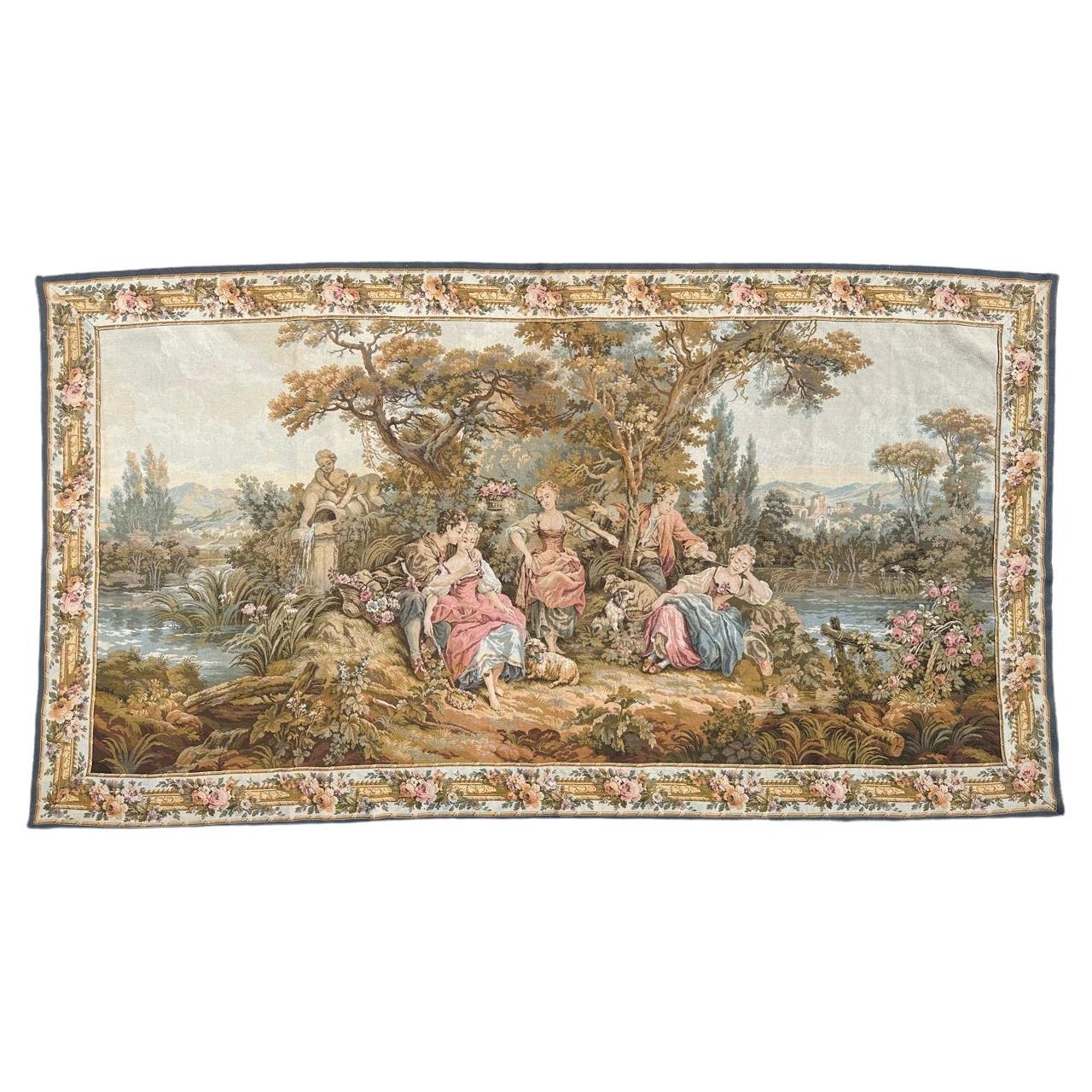 Pretty Large Vintage Tapiz Jacquard Francés Estilo Aubusson " amores pastorales "