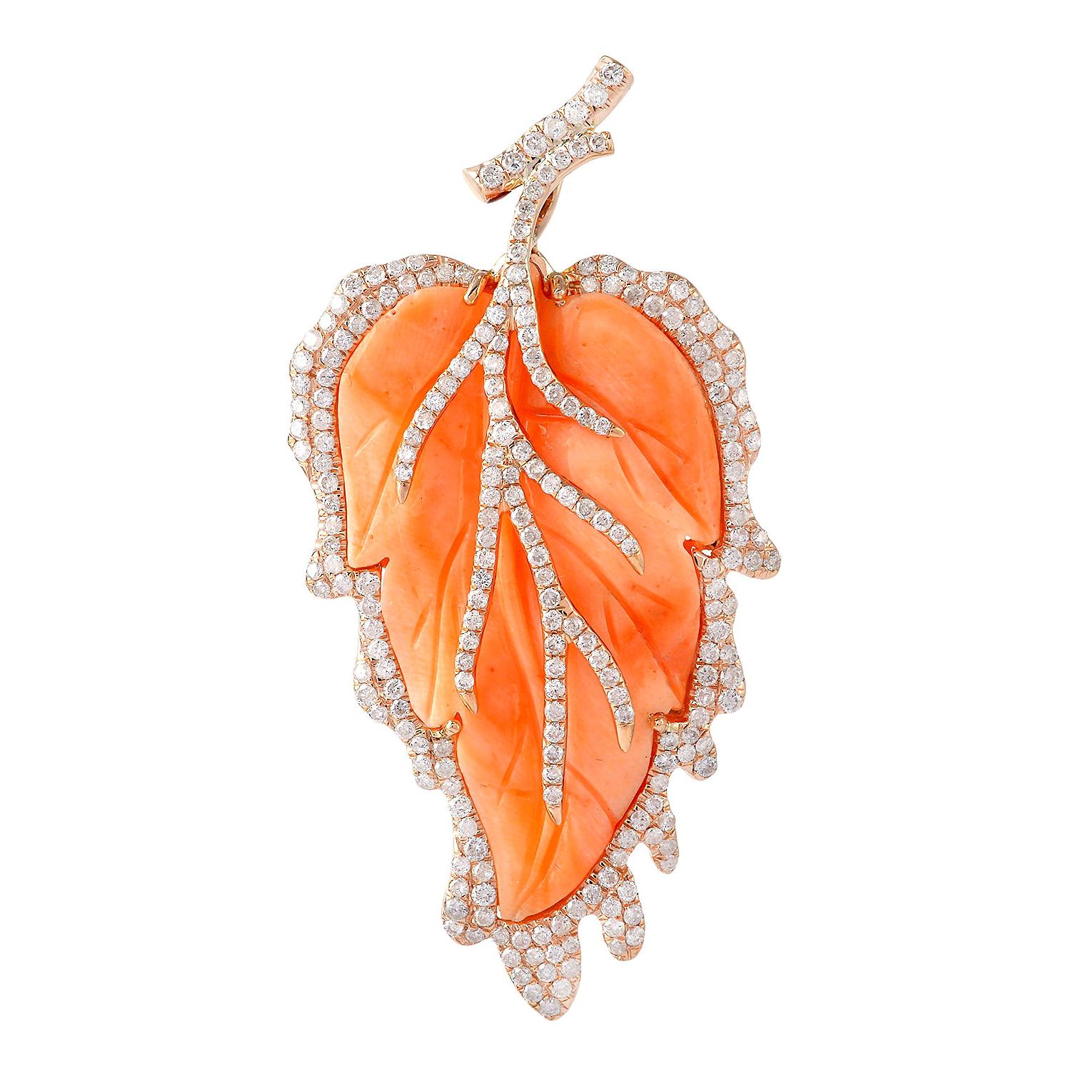 Pretty Leaf Shape Coral Pendant in 18 Karat Gold and Diamonds