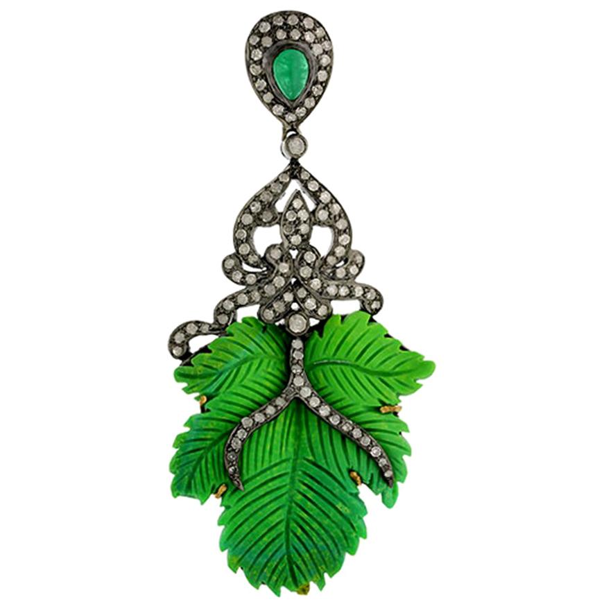 Pretty Leaf Shape Green Turquoise Pendant with Diamonds and Emerald Around For Sale