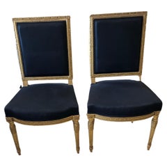 Antique Pretty Louis XVI French Giltwood and Upholstered Fauteuils Sidechairs
