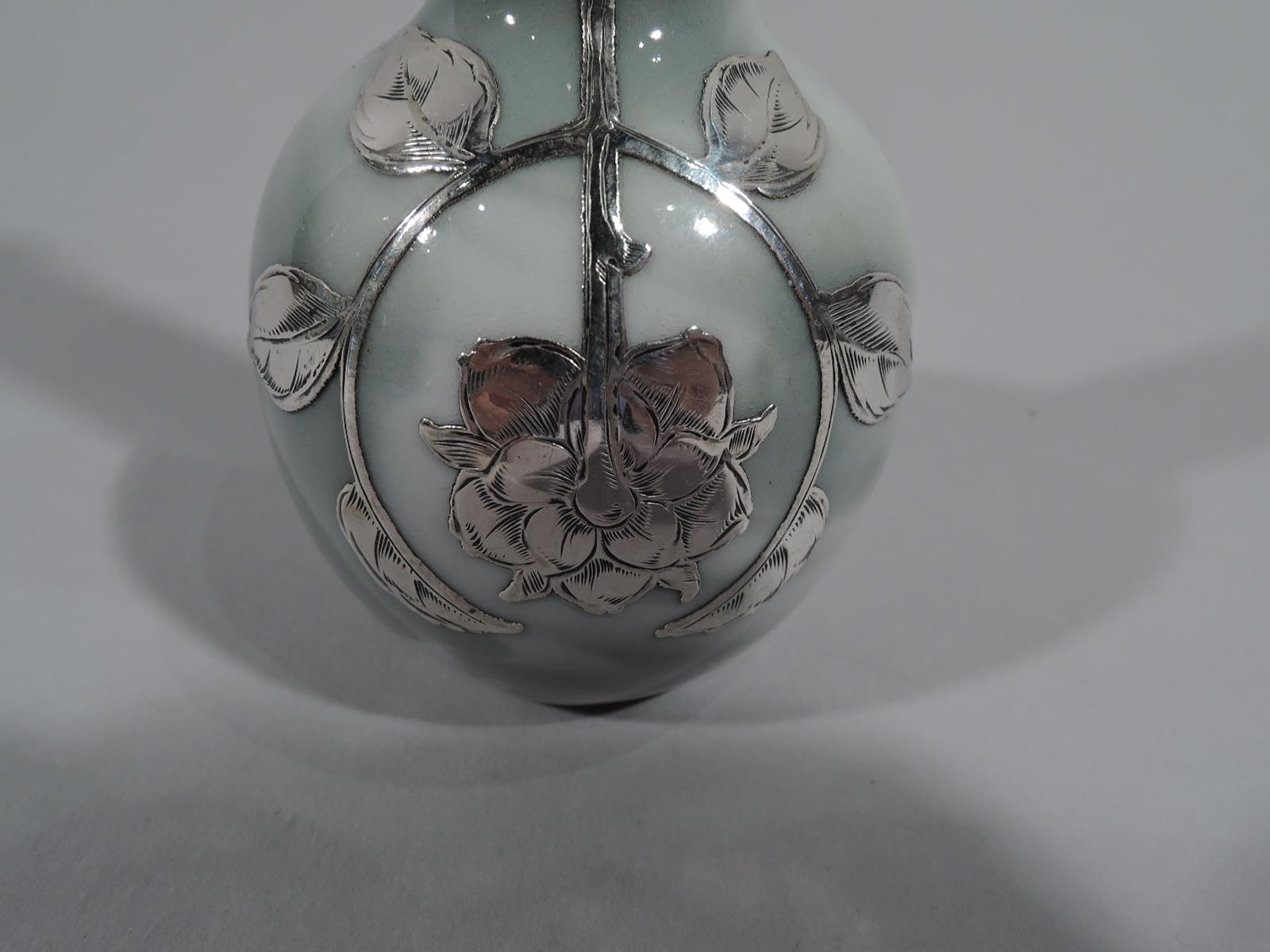 Art Nouveau Pretty Marbleized Porcelain Silver Overlay Bud Vase