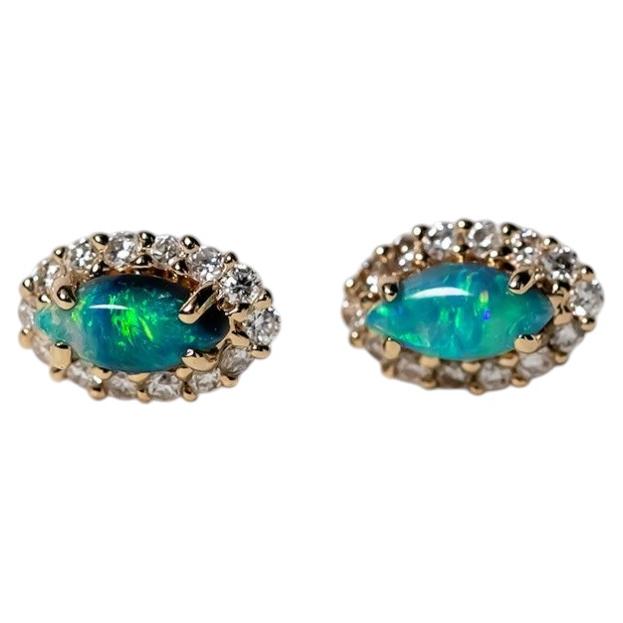 Pretty Marquise Black Opal & Halo Diamond Stud Earrings 14k Yellow Gold
