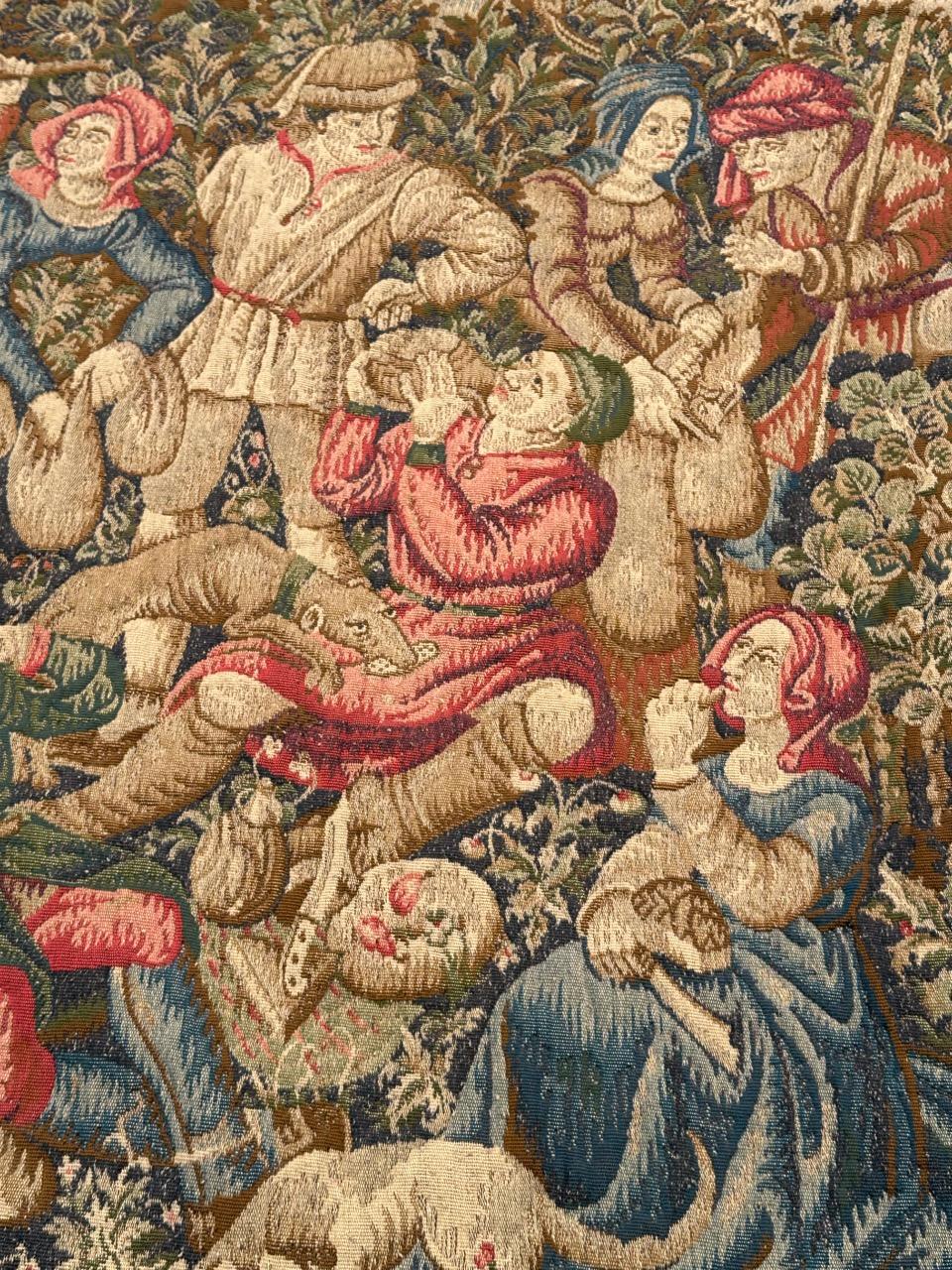 very beautiful French Aubusson style tapestry, with a design of a medieval tapestries. This tapestry has been made in the renowned “La Filandière” manufacturing 
Halte de chasse ou collation de paysans (Hunting stop or peasant snack) with Nice