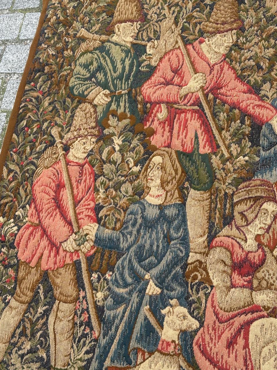 French Pretty medieval Aubusson Style Jacquard Tapestry «Hunting stop or peasant snack For Sale