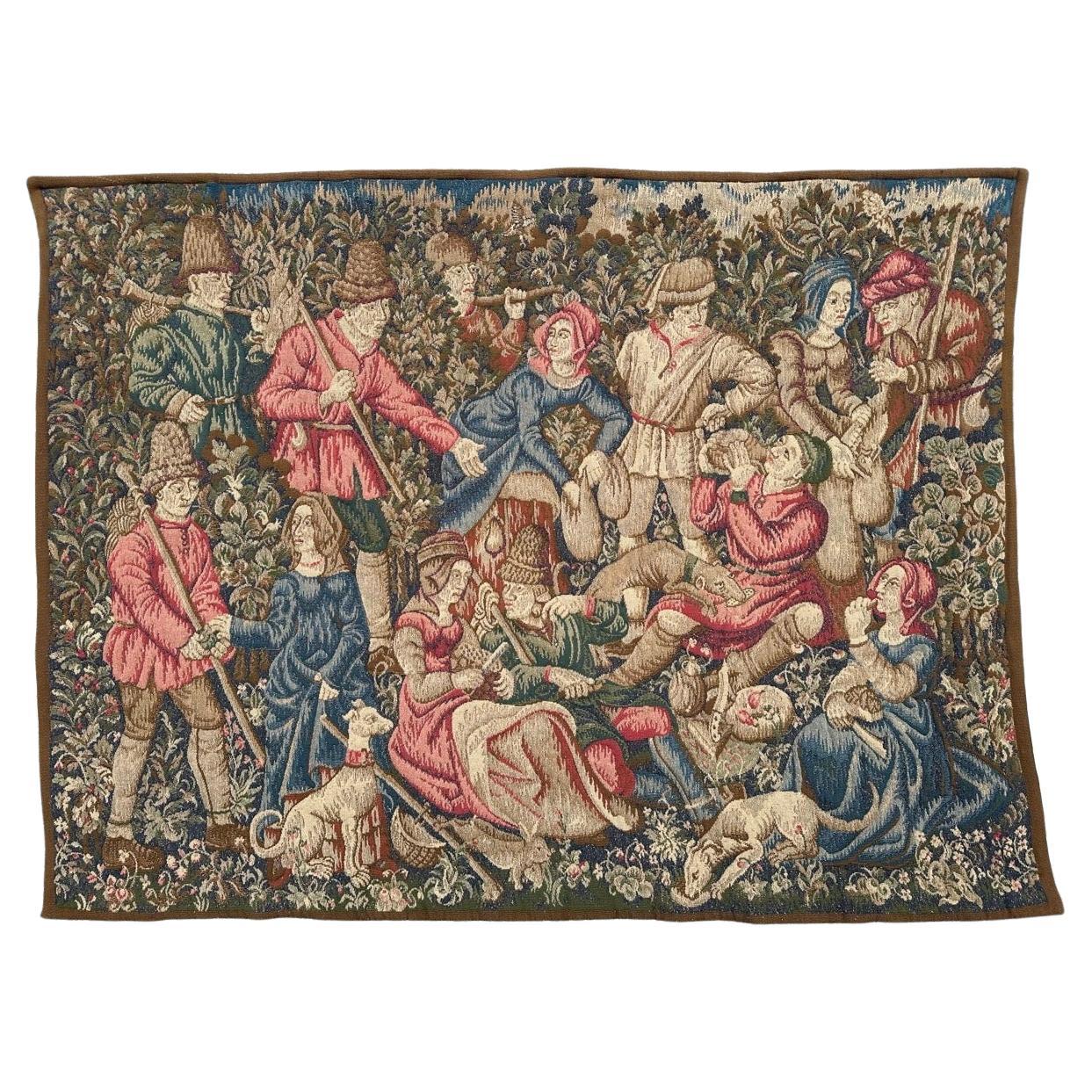 Pretty medieval Aubusson Style Jacquard Tapestry «Hunting stop or peasant snack