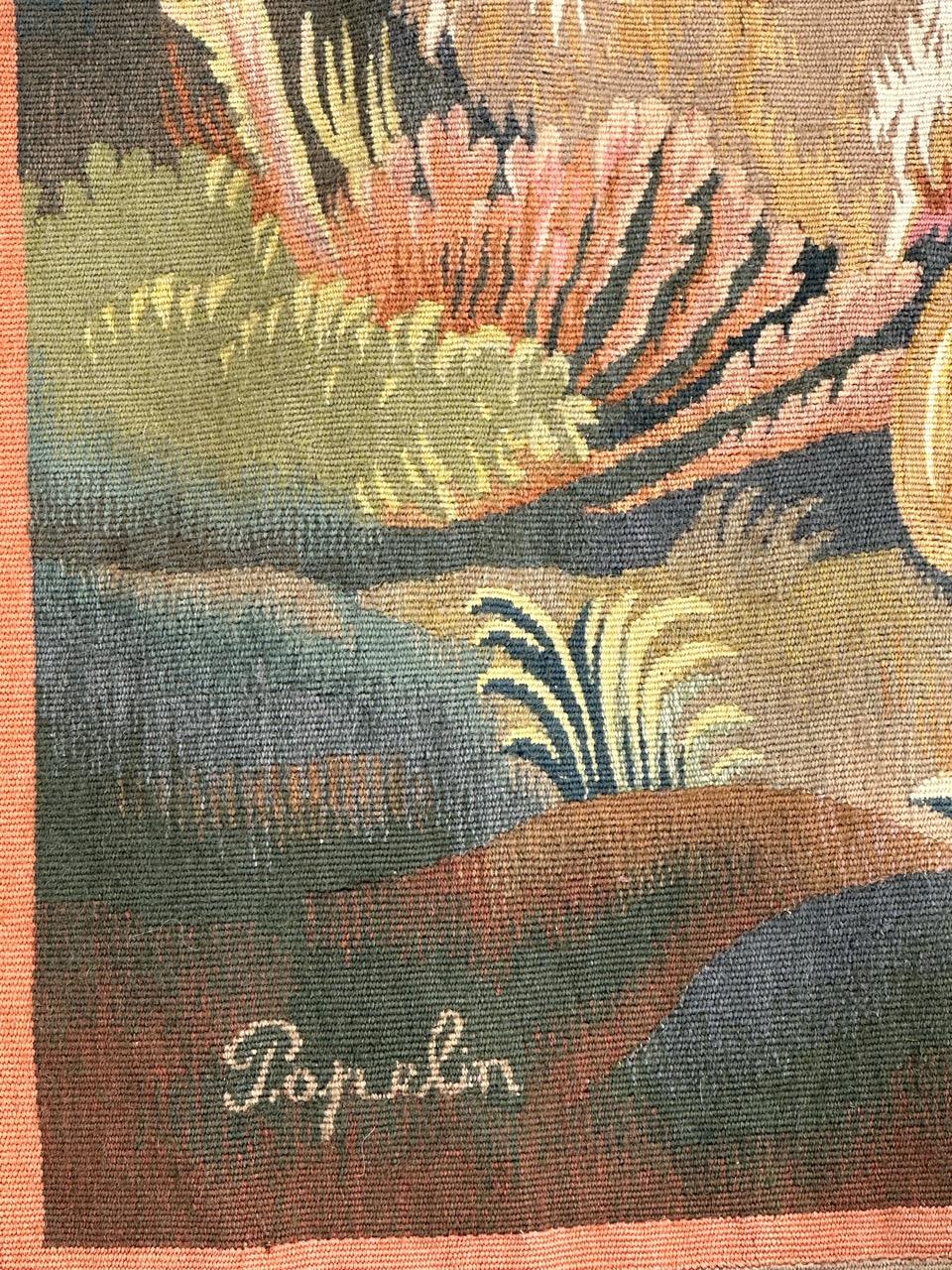 Very beautiful 20th century Aubusson tapestry with a design with a signature « Popelin » , probably iinspired by the paintings of French painter « Francois Boucher » with the shepherds and lover, with beautiful colours with green, blue, pink, yellow