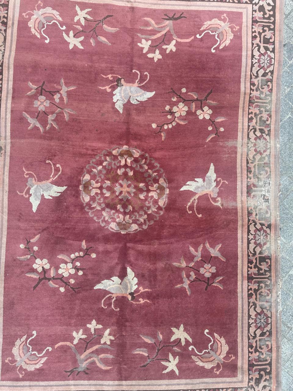Hand-Knotted Pretty mid century distressed Chinese art deco design rug For Sale
