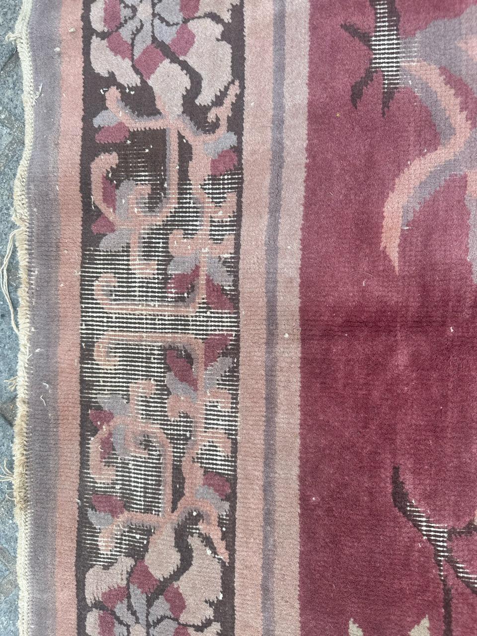 Wool Pretty mid century distressed Chinese art deco design rug For Sale