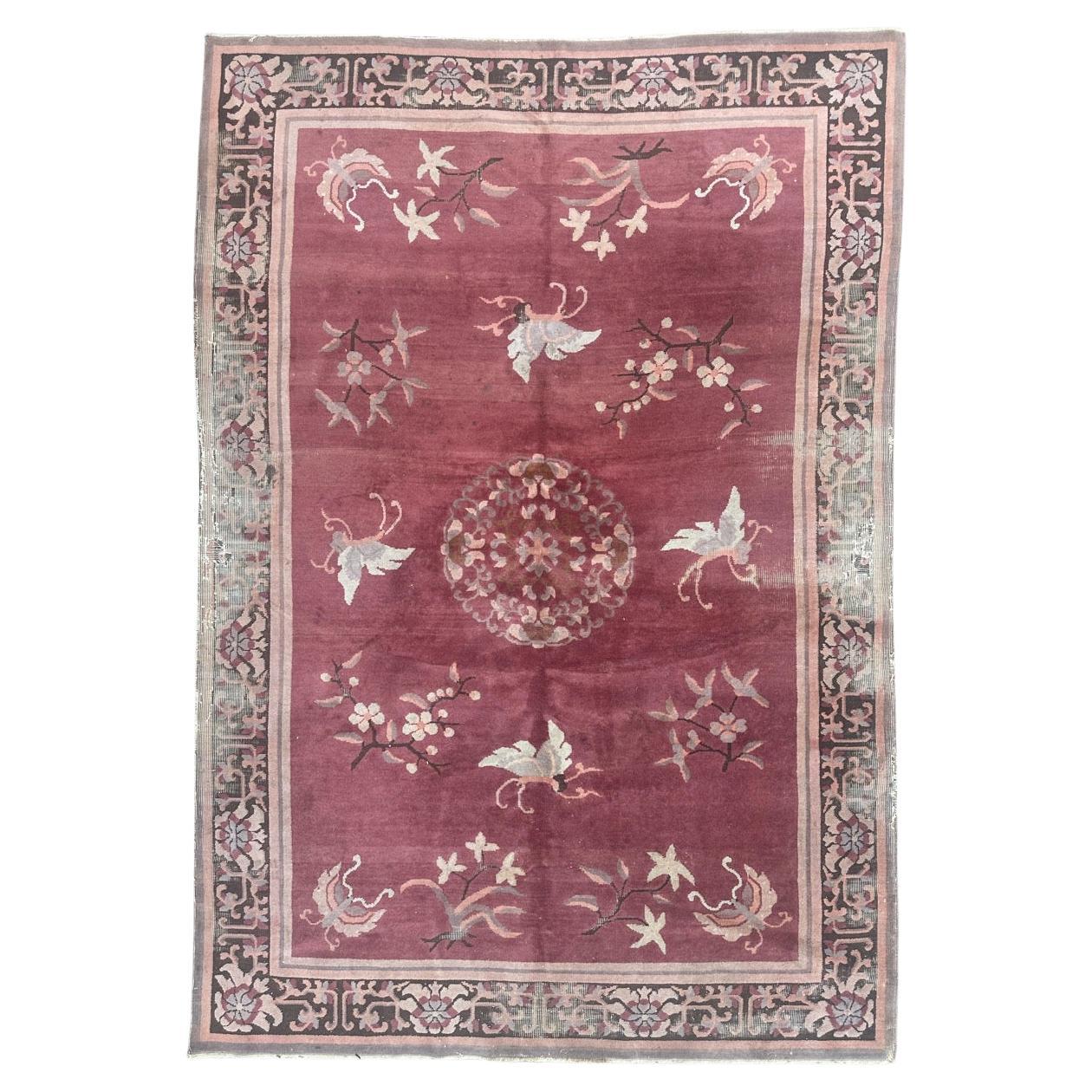 Pretty mid century distressed Chinese art deco design rug For Sale