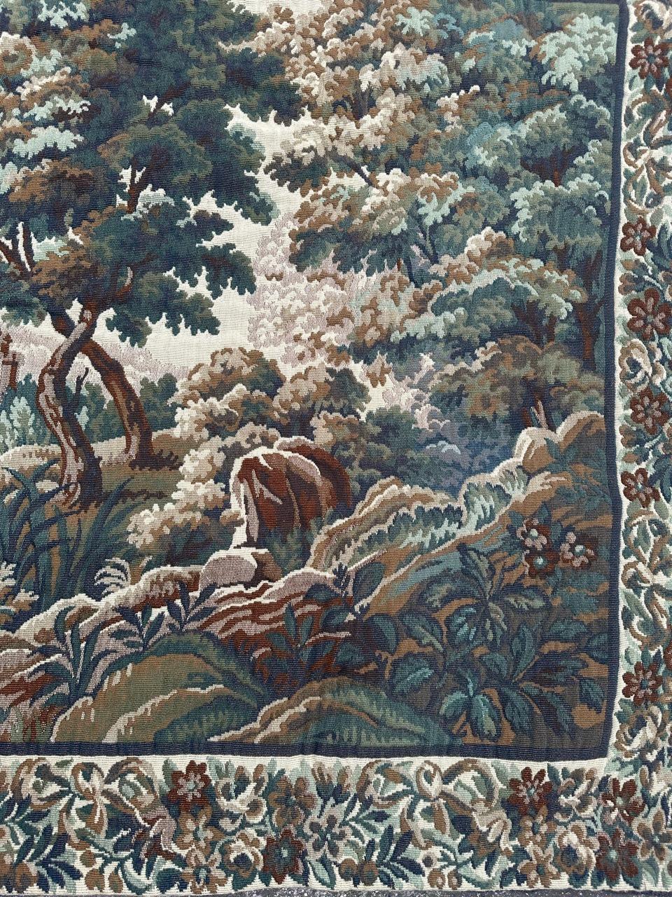 Very pretty mid century french Aubusson style tapestry with beautiful design of the « Verdure », showing trees in the forest, with a river. 

✨✨✨
